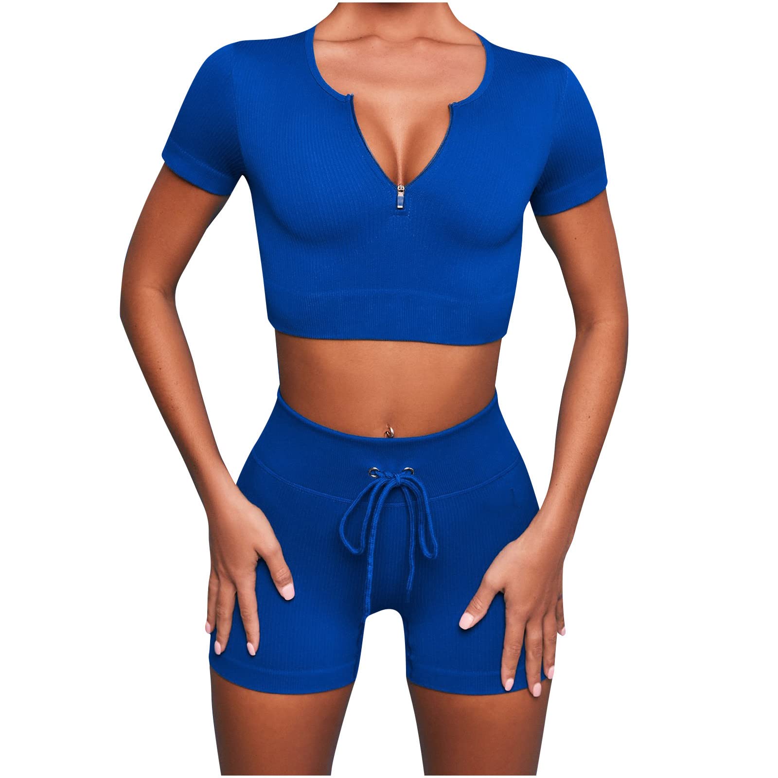 Women's 2-Piece Yoga Outfit Set - Short Sleeve/Sleeveless V-Neck Zipper Top & Hip-Lifting Shorts for Fitness, Gym & Yoga Workouts | Perfect for Pilates, Running & Home Exercise