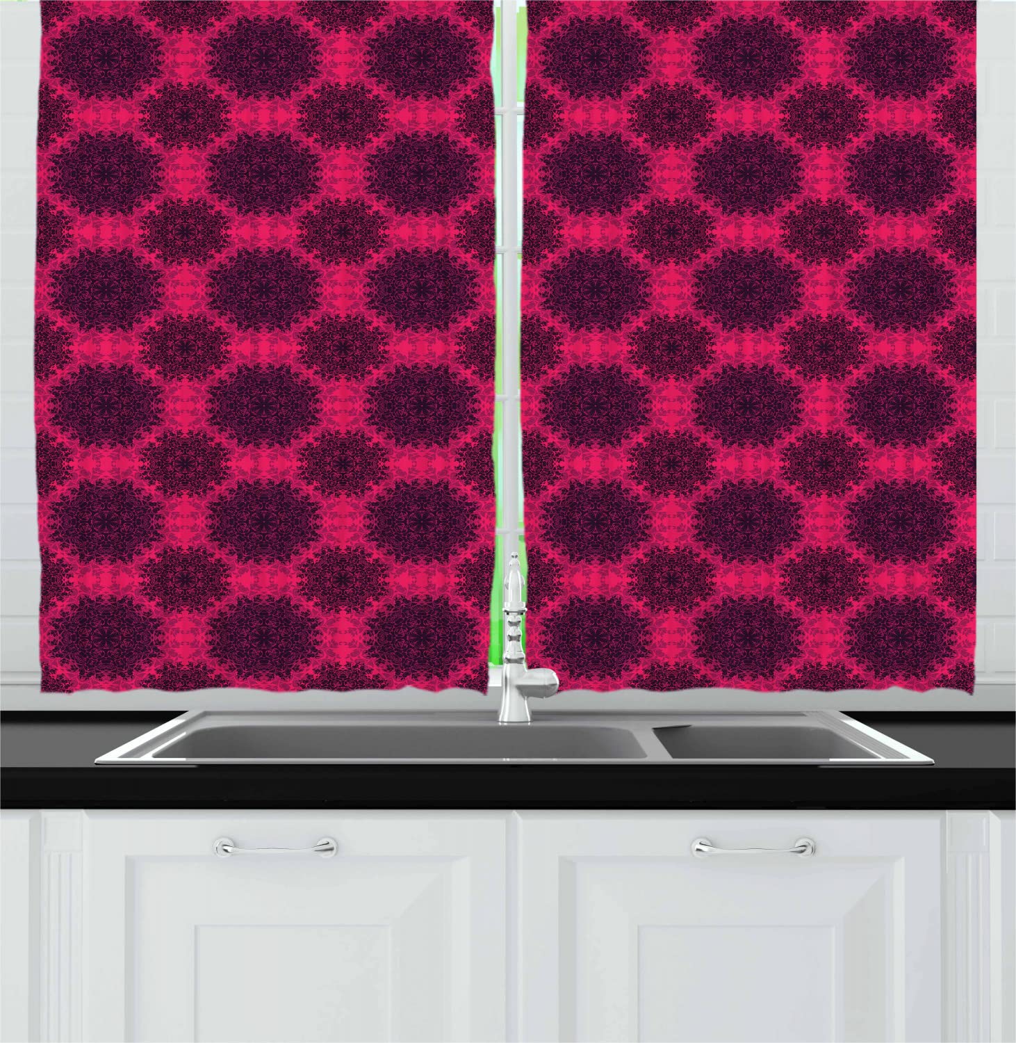 Ambesonne Floral Long Kitchen Curtains - Baroque Gothic Rose Mandala Design with Psychedelic Effects, 55