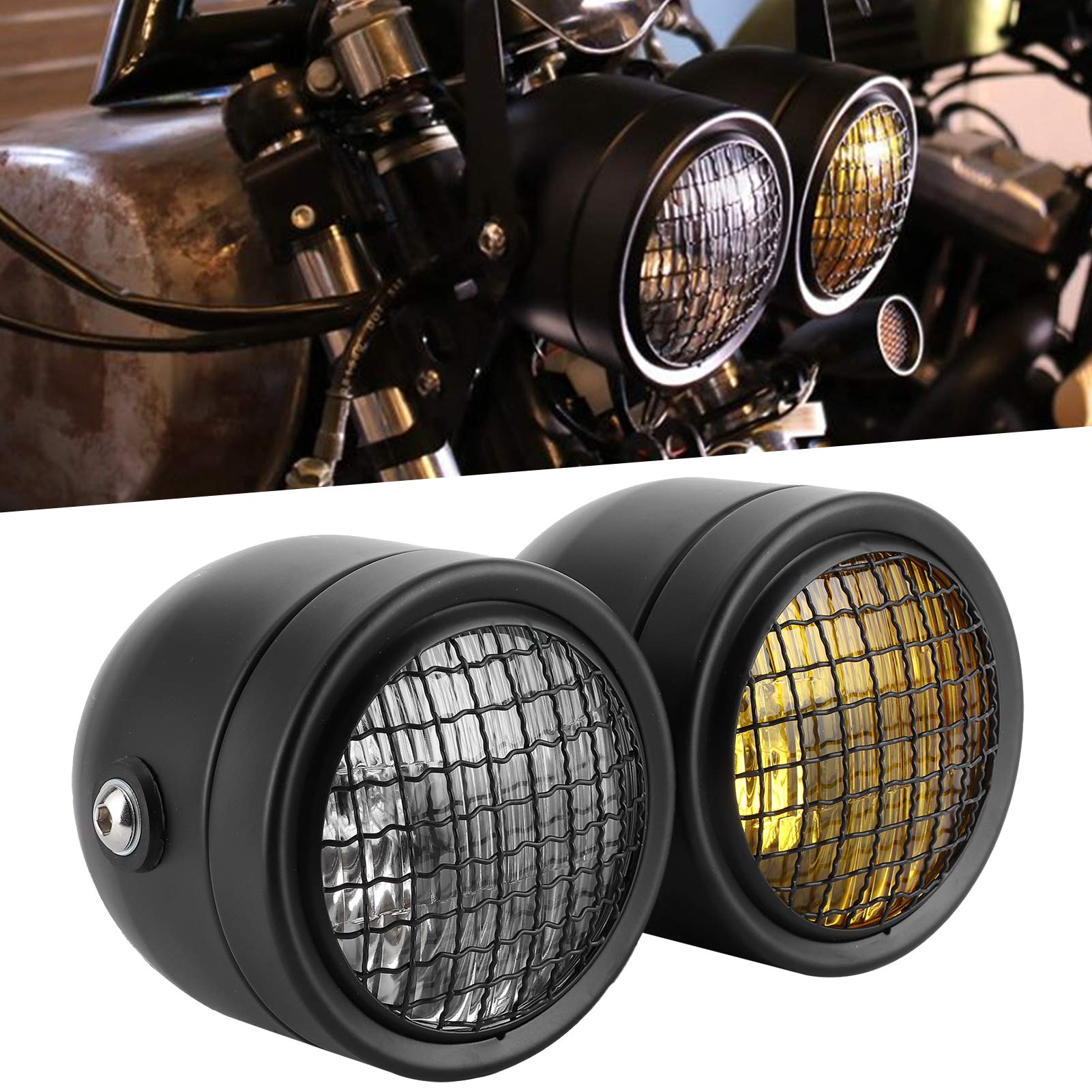 8.2in Retro Motorcycle Headlight - Dual Lamps, Yellow/White Light for Night Riding