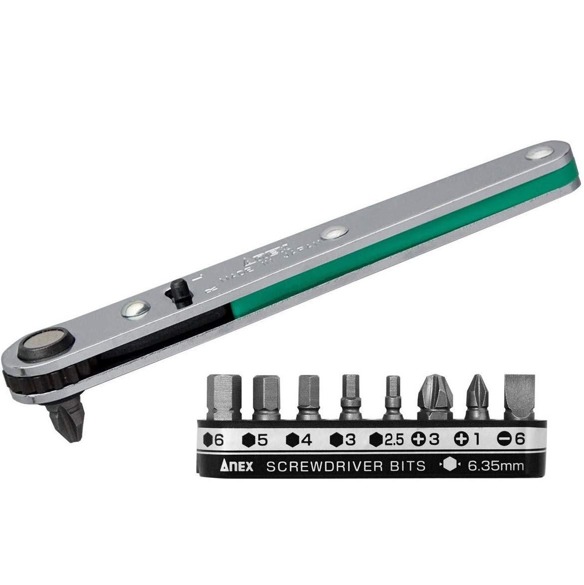 ANEX Ultra Low Profile 90 Degree Offset Ratcheting Screwdriver with Magnetic Hex Wrench & 9-Piece Bit Set - Green Flathead for Tight Spaces - Perfect for Automotive Repair, Electronics, and DIY Home Projects