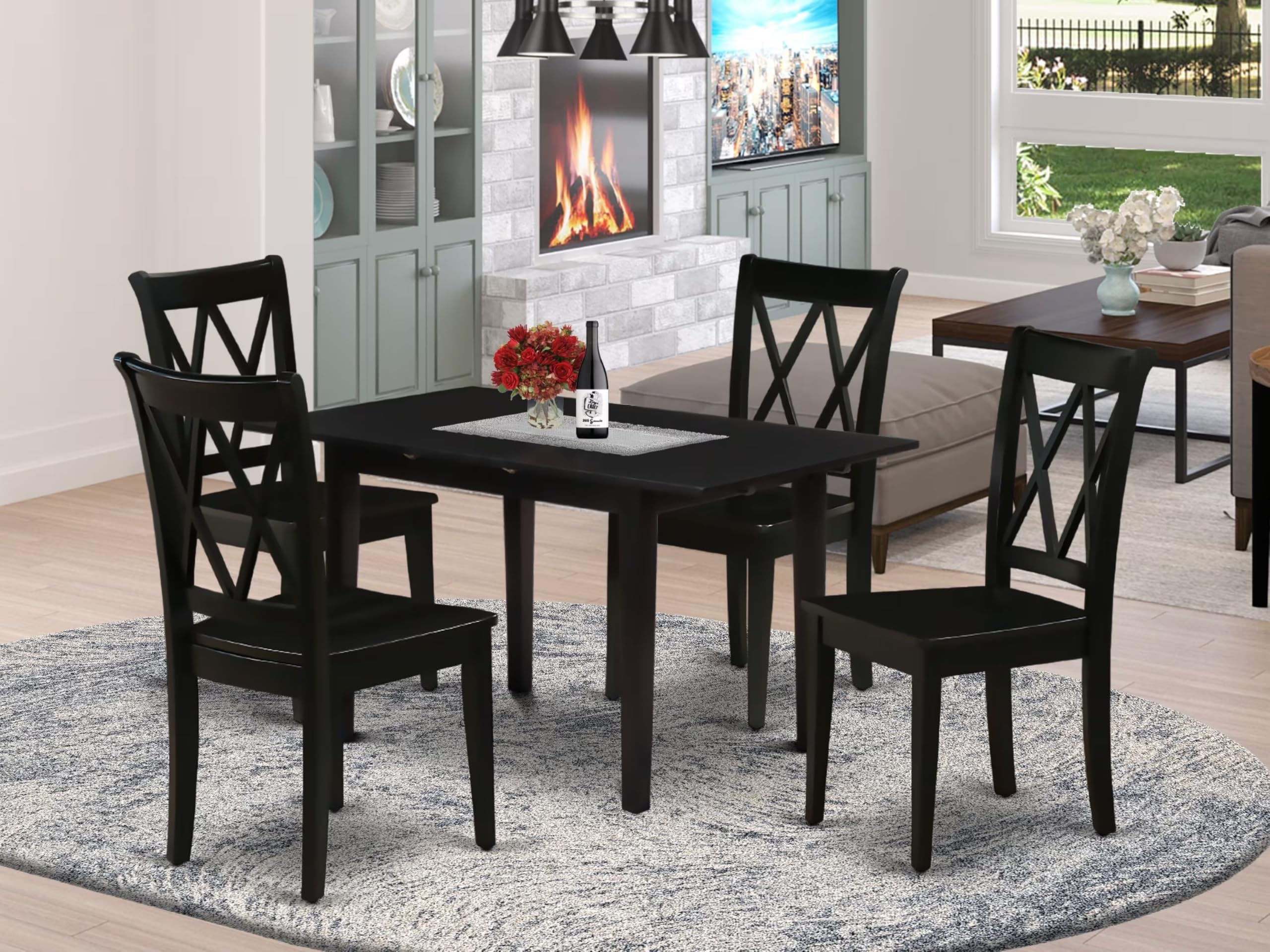 East West Furniture 5-Piece Black Dining Table Set with Butterfly Leaf - 32x54 Inch Rectangle Kitchen Table & 4 Chairs - Perfect for Small Spaces, Breakfast Nooks & Compact Dining Areas