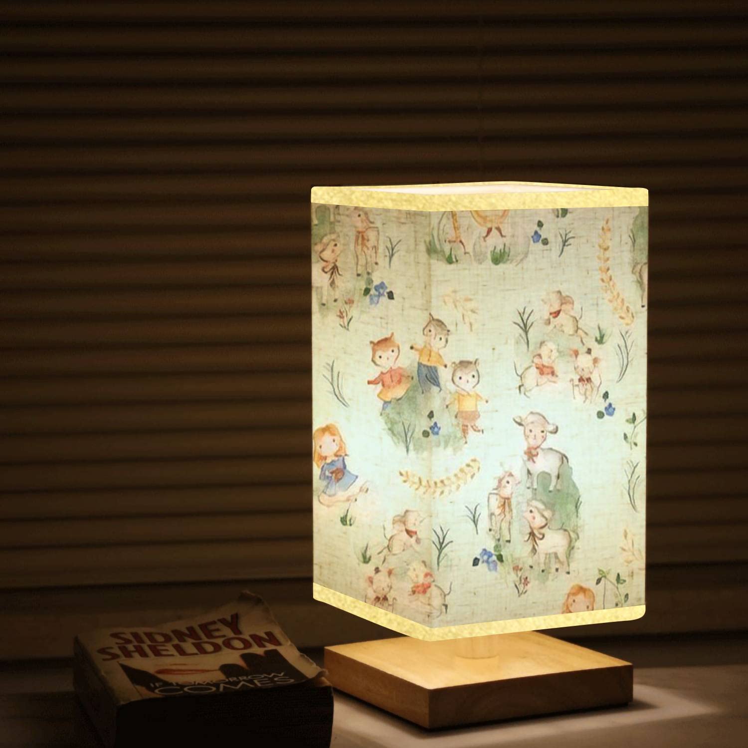Square Wooden Base Flaxen Fabric Shade Dimmable Nightstand Lamp - Nursery Rhyme Animals Watercolor Design for Kids' Room, Bedroom & Living Room - Perfect as Baby Night Light, Children's Bedside Lamp & Cozy Reading Light