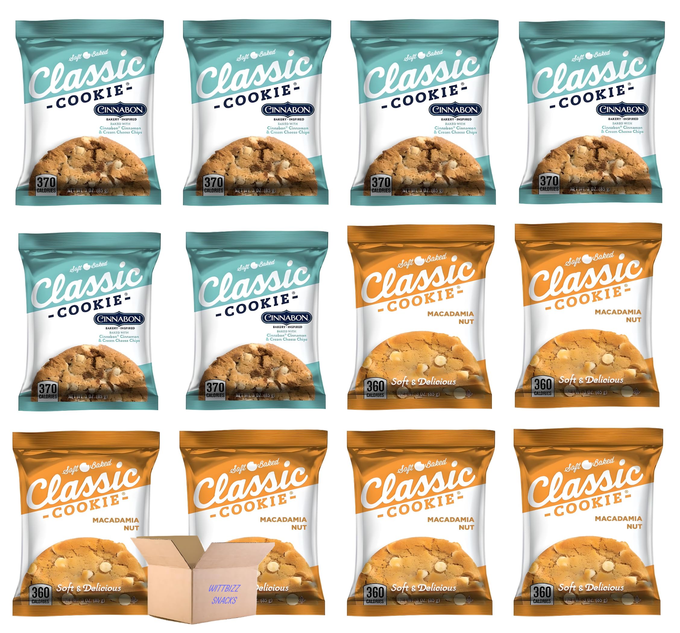 Wittbizz Classic Cookies Variety Pack - 6 Cinnabon & 6 Macadamia Nut Cookies (12 Pack) | Delicious Snacks for Office, School & Family Gatherings