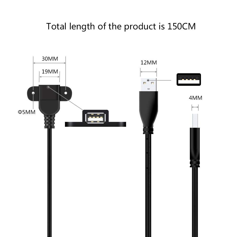 QiCheng&LYS 5ft USB 2.0 Male to Dual Female Extension Charger Cable - 2 Pack with Adapter for Nightstand, Sofa & Car Charging Port - Panel Mount with Screw Holes for Home, Office & Vehicle Use