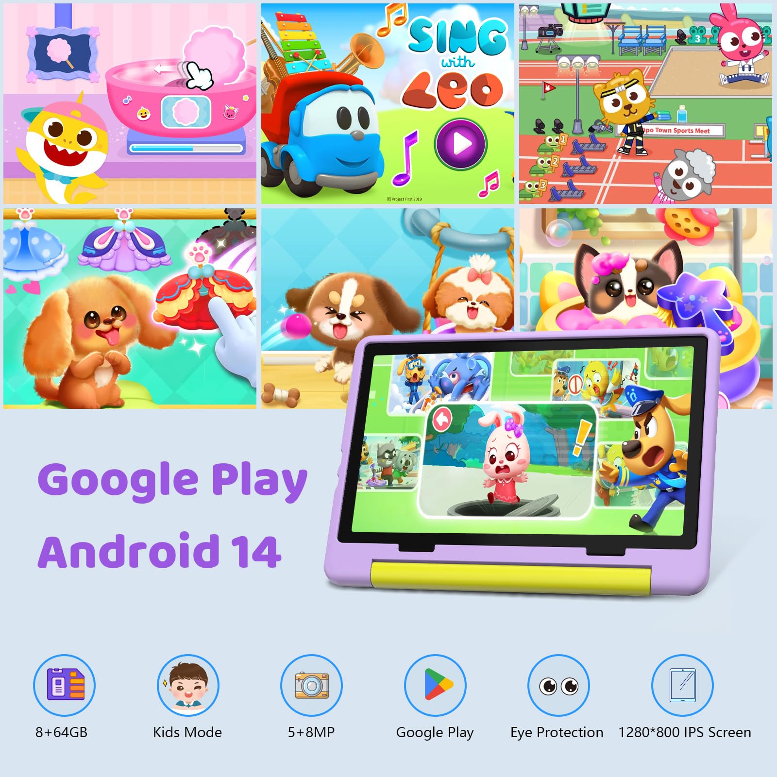 Mouikei 10 Inch Android 14 Kids Tablet - Octa Core Processor, 8GB RAM 64GB ROM, 1TB Expandable Storage, 5000mAh Battery, Wi-Fi, Bluetooth, Dual Camera - Purple - Perfect for Learning, Games & Entertainment for Children Ages 3-12