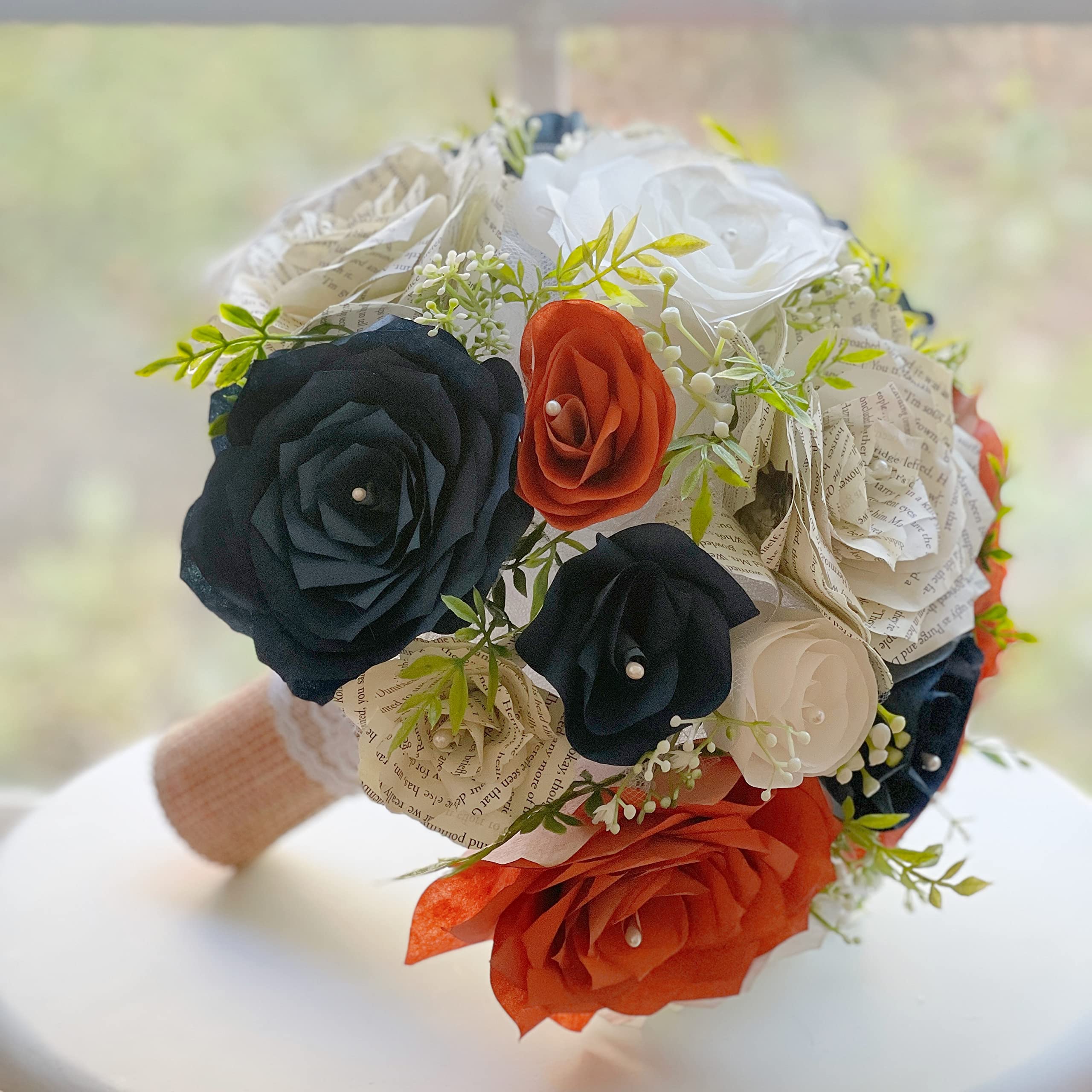 Burnt Orange Navy Blue White Paper Flower Bridal Bouquet - Handmade with Filter & Book Page Flowers for Wedding, Bridal Shower, Photo Props