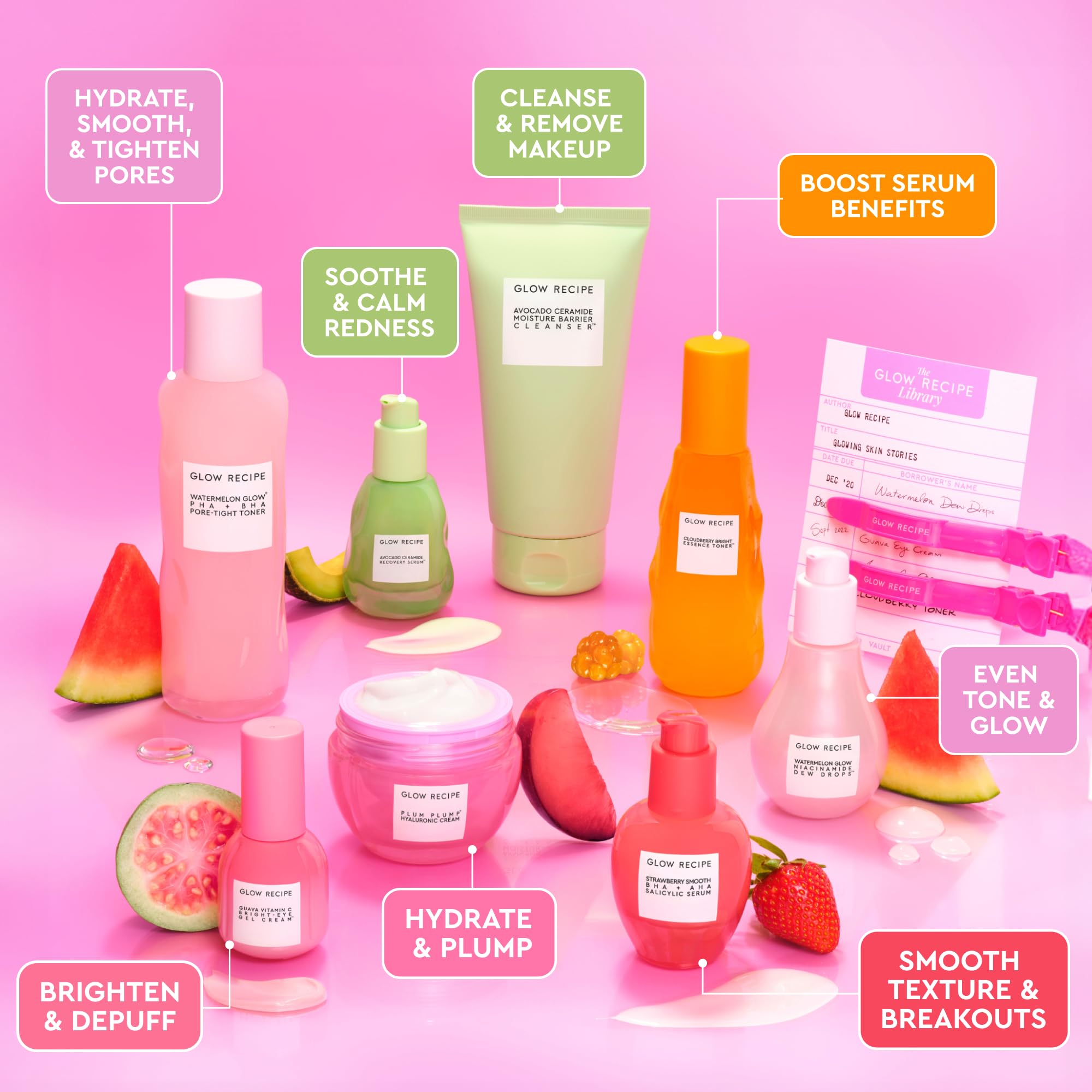 Glow Recipe Skincare Gift Set - Avocado Cleanser, Vitamin C Serum, Hydrating Toner, Guava Eye Cream, Hyaluronic Acid Moisturizer, Niacinamide Dew Drops, Strawberry BHA Serum with 2 Hair Clips (10-Piece Set) | Perfect for Daily Skincare Routine, Spa Day & Gift Giving