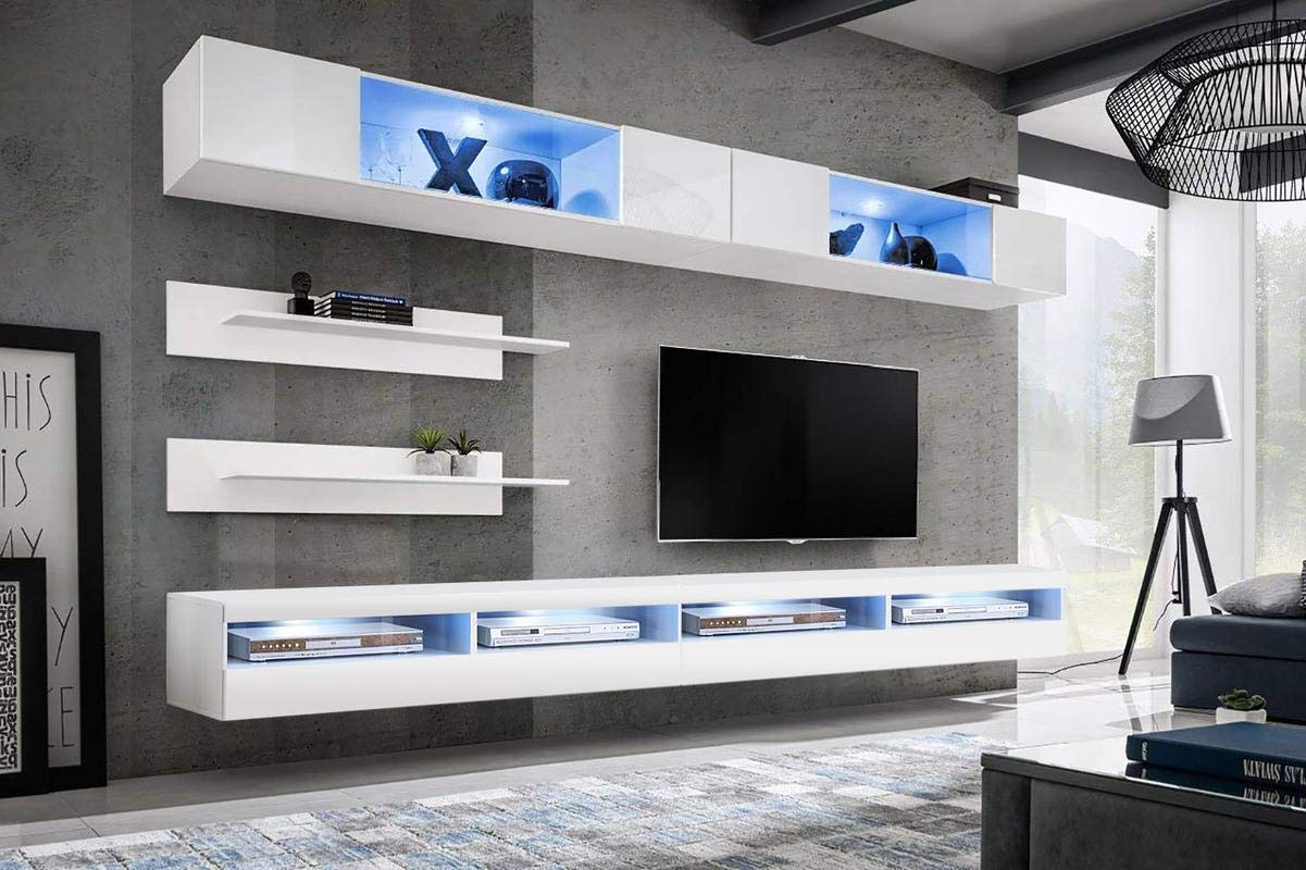 Modern White Wall-Mounted TV Stand with Storage Shelves & LED Lights - I3 35TV Entertainment Center Console for Bedroom & Living Room - Perfect for Small Spaces, Home Theater Setup and Stylish Home Decor