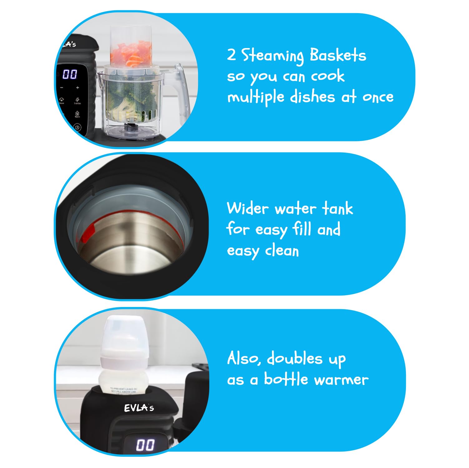 EVLA'S Double Baby Food Maker with 2 Steaming Baskets - 6-in-1 Steamer, Blender, Grinder & Food Processor for Healthy Homemade Baby Food - Touch Screen Control with 6 Reusable Food Pouches (Dark Grey) - Perfect for Busy Parents & Quick Meal Prep
