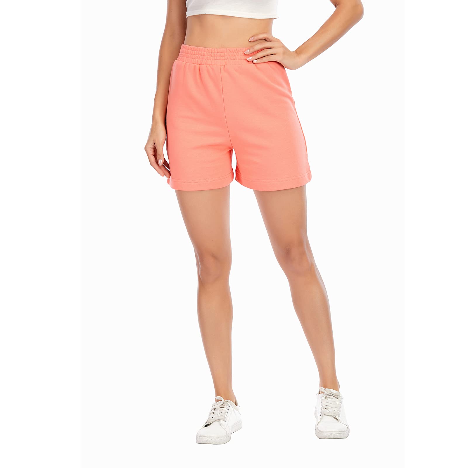 Women's High Waist Running Shorts - Elastic Waistband, Comfy Sweat Shorts with Pockets for Summer, Jogging, Gym & Casual Wear