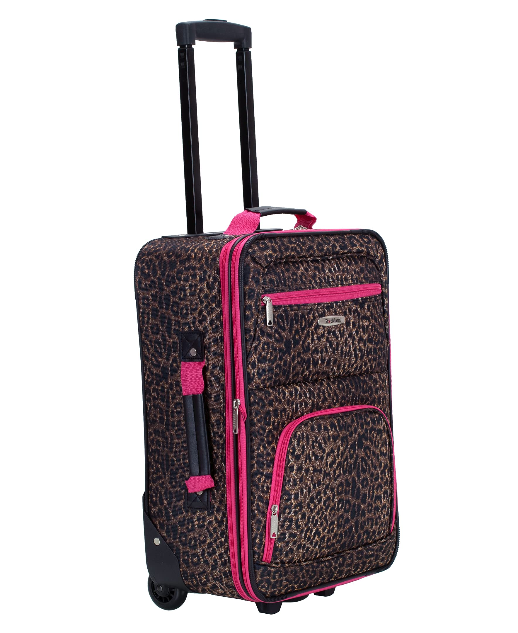 Rockland Jungle Softside Upright Luggage Set - 4-Piece Pink Leopard Print Suitcase (14/29/24/28 Inch) for Travel, Vacation & Business Trips - Lightweight Durable Spinner Luggage with TSA Lock