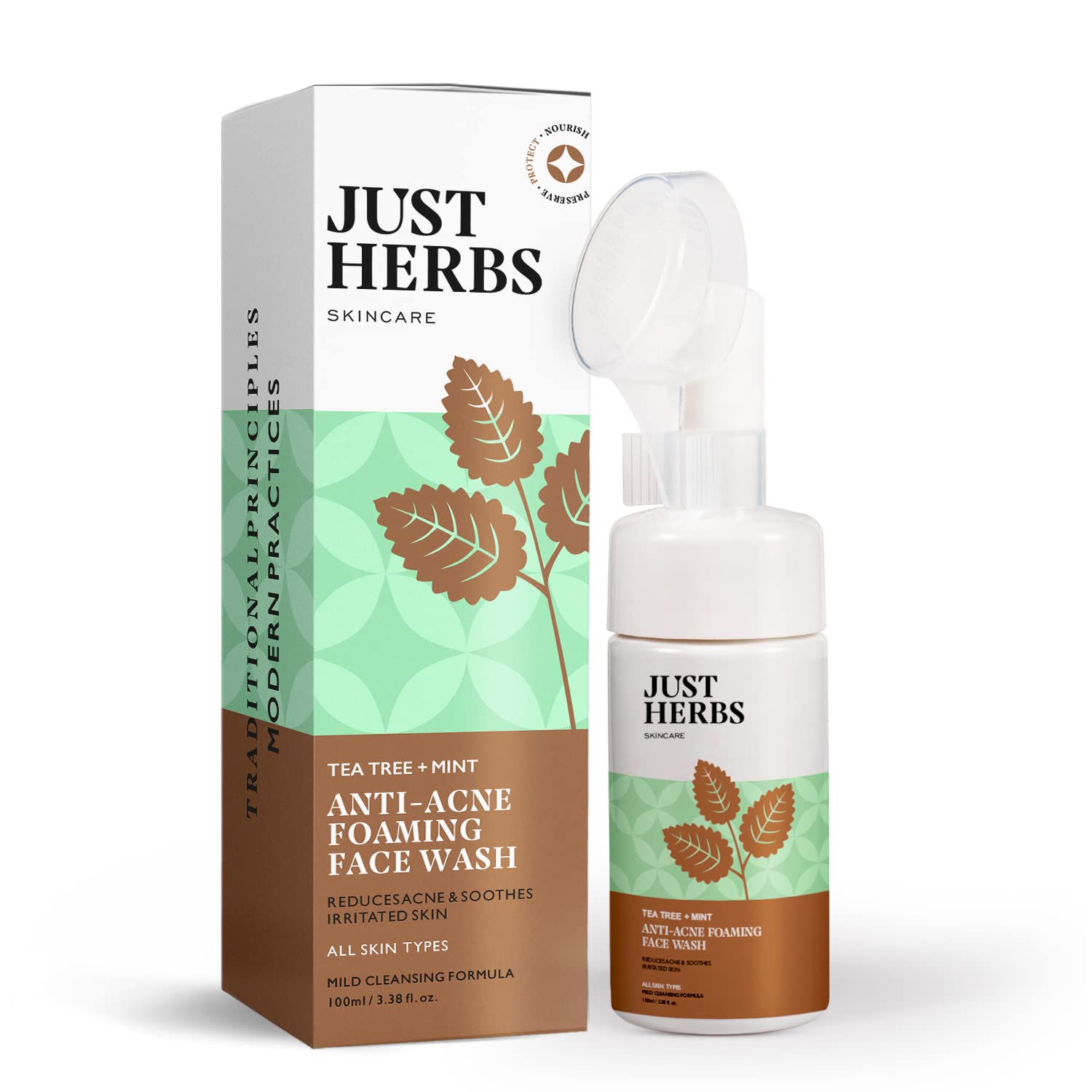 Just Herbs Anti Acne Foaming Face Wash for Men & Women - Tea Tree & Mint Formula for Oil Control & Glowing Skin - 100ml - Perfect for Daily Skincare Routine & Acne-Prone Skin Care