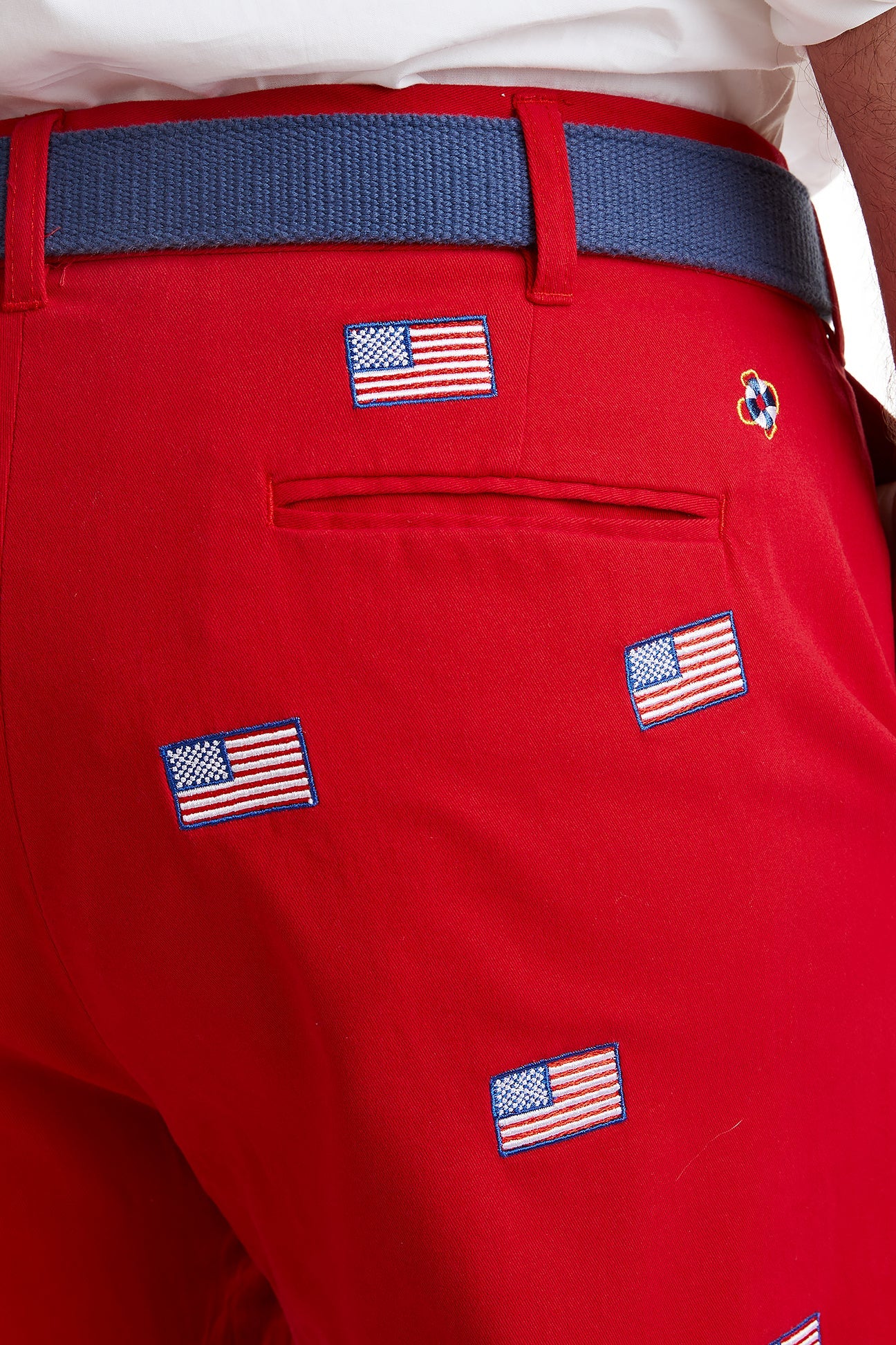 Stretch Twill Harbor Pants in Bright Red with American Flag - Comfortable & Patriotic Casual Wear for Outdoor Events & 4th of July Celebrations