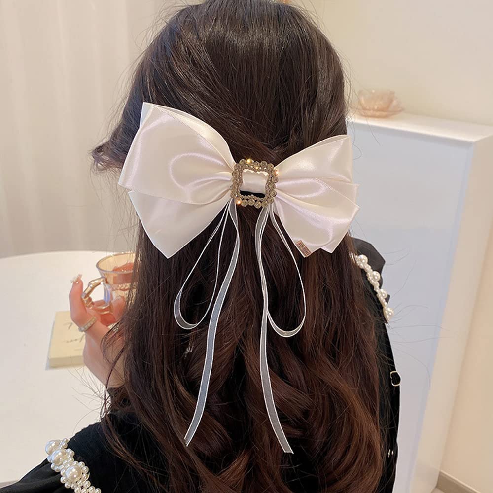 Elegant Rhinestone Bow Hair Clip for Women - Vintage Large Hair Barrette with Strong Hold, Long Ribbon Hair Accessories for Girls & Women (Off White) - Perfect for Weddings, Parties & Everyday Style