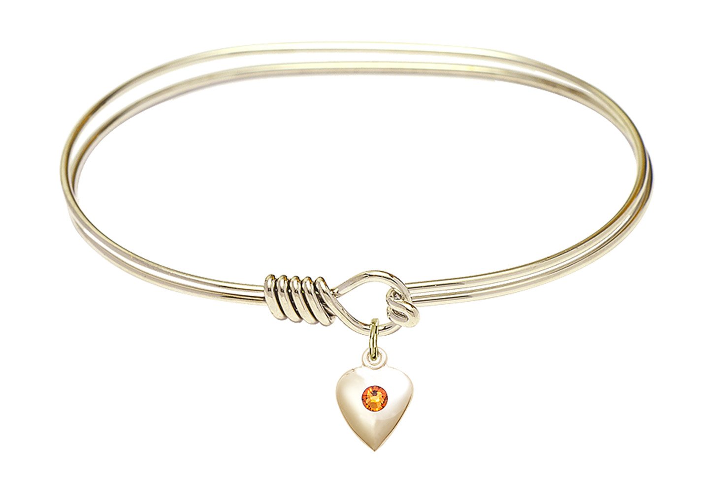 7 Inch Oval Eye Hook Bangle Bracelet with Heart Charm & November Yellow Crystal - Elegant Jewelry for Women, Perfect for Parties, Weddings, and Daily Wear