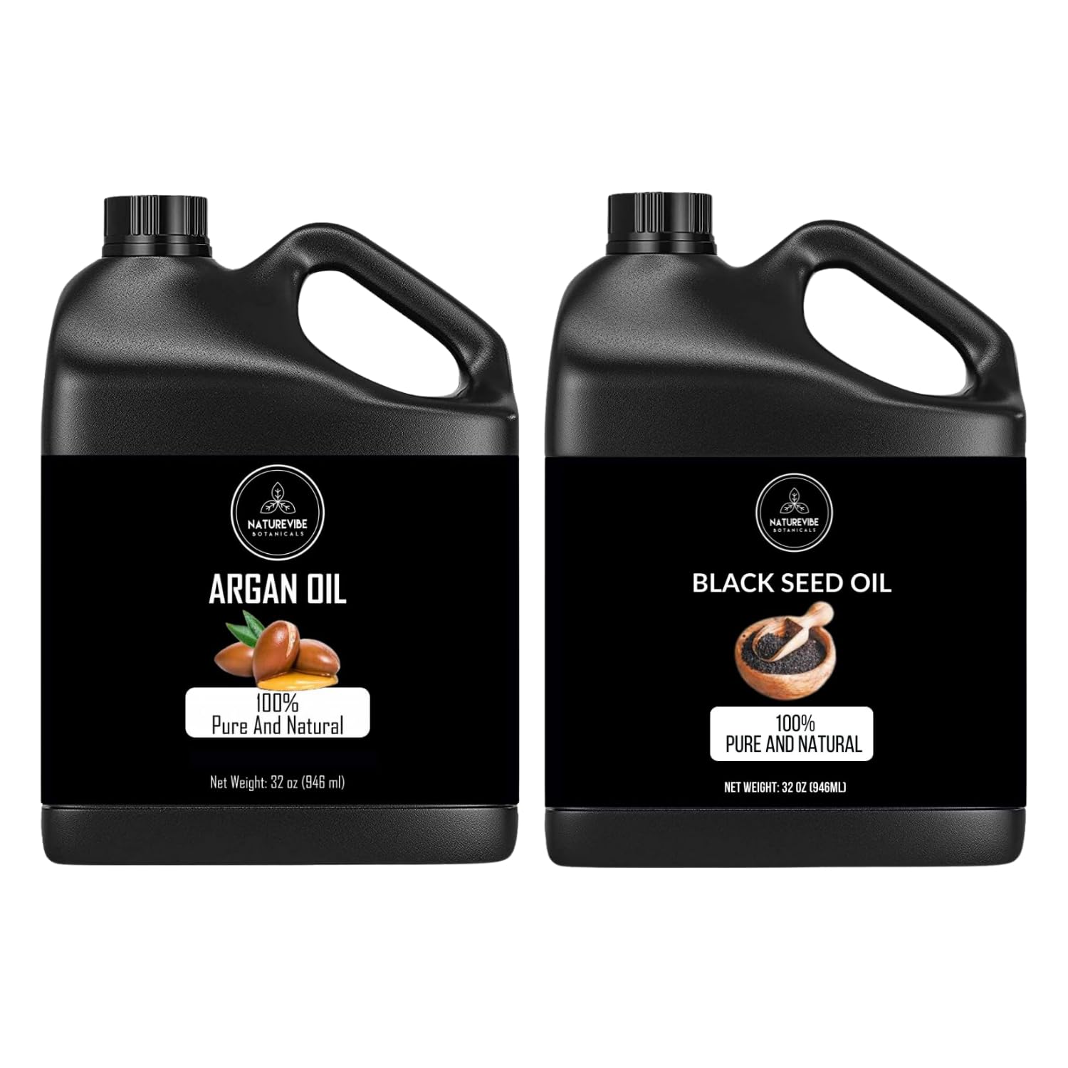 Naturevibe Botanicals Pure Moroccan Argan Oil & Black Seed Oil Combo - 32oz Each | Cold-Pressed, Organic, Unrefined for Hair Growth, Skin Care & Natural Beauty