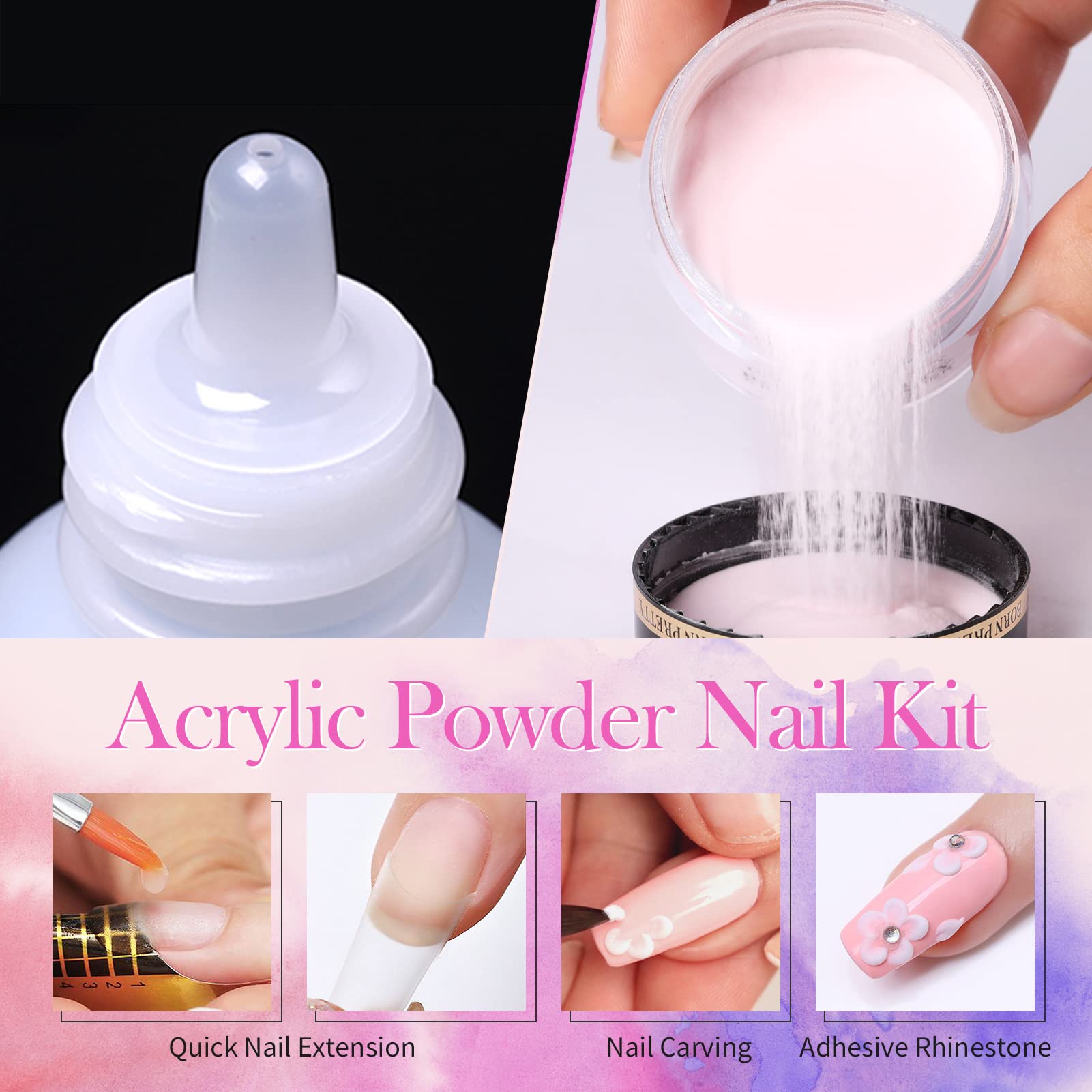 BORN PRETTY 96PCs Acrylic Nail Kit with Powder, Liquid Monomer, 24 Colors Glitters, Brush, Tips & Primer - Complete Nail Extension Set for DIY Manicure, Salon & Gift Giving