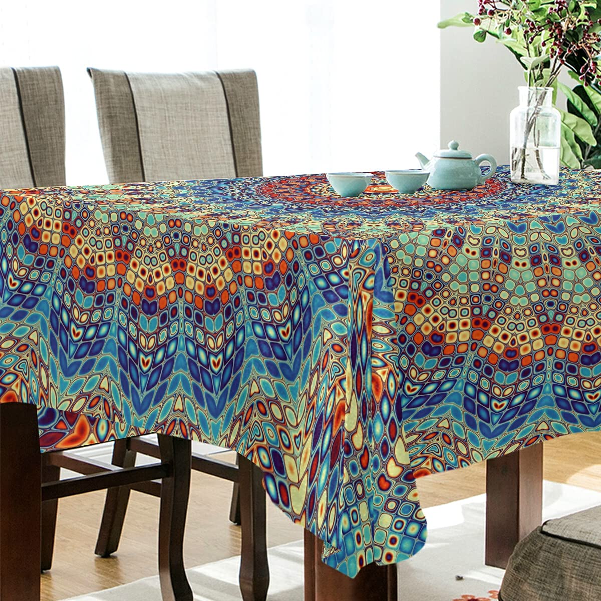 Waterproof & Oil-Resistant 54x54 Inch Mandala Rectangle Tablecloth - Durable Square Table Cover for Dining, Buffet, Party & Outdoor Picnics