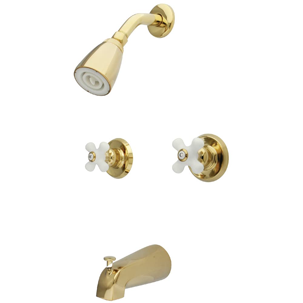 Kingston Brass KB242PX Magellan Tub and Shower Faucet with Porcelain Cross Handles - Polished Brass Finish for Bathroom & Shower Installation