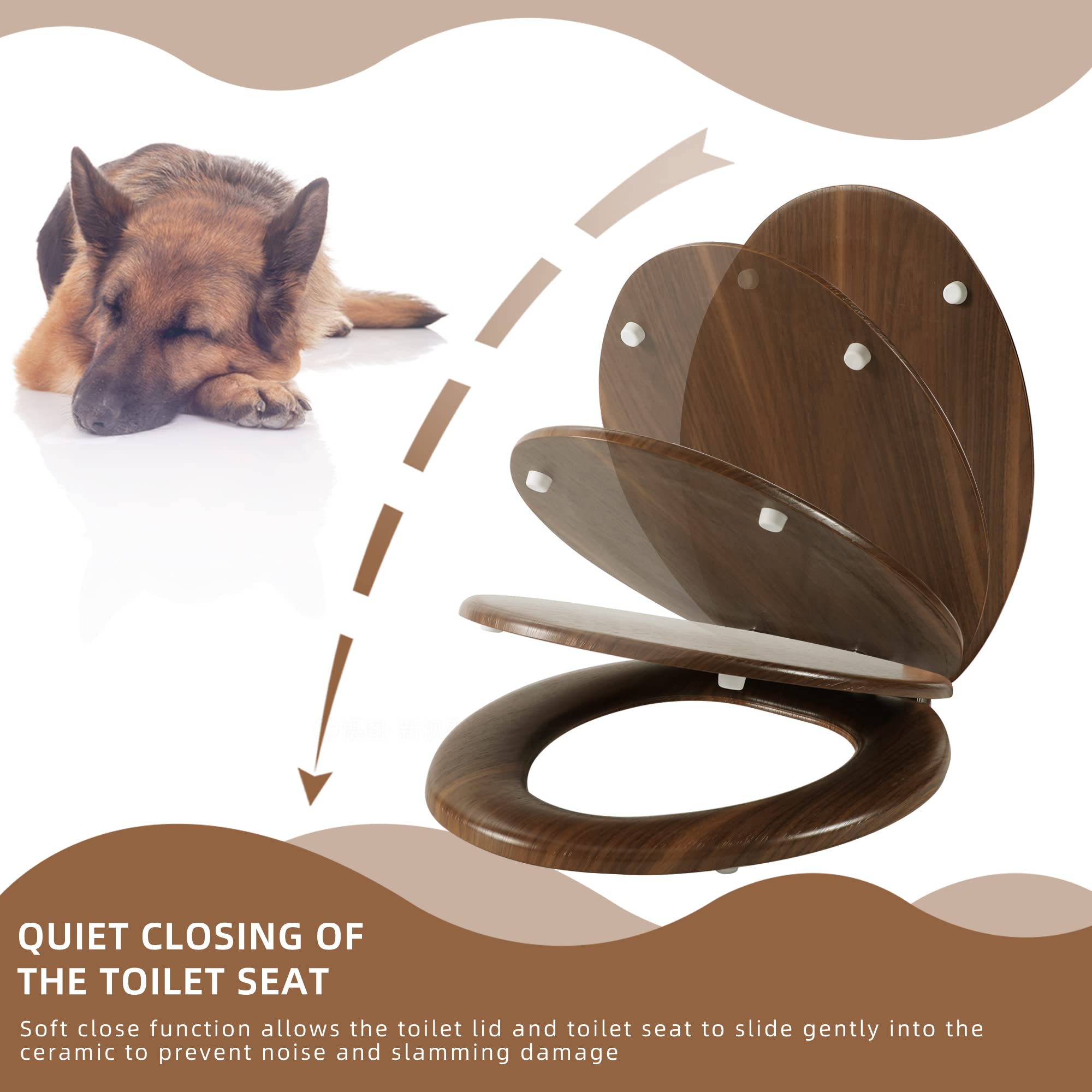 Angol Shiold Elongated Wood Toilet Seat with Soft-Close Hinges - Easy Install & Clean, Quick Release (Walnut Finish) - Perfect for Modern Bathrooms & Home Renovations