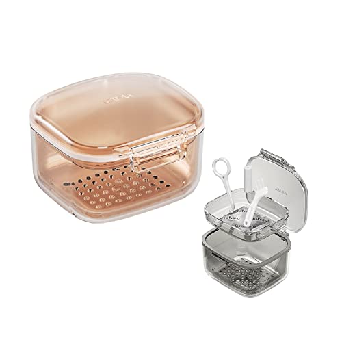 **ZWMBYN 3-Layer Denture Bath Case with Strainer Basket & Cleaner Brush – Travel-Friendly Denture Holder Cup for Dentures, Retainers & Mouth Guards – Pink | Portable Soak Container for Home & Travel Use**
