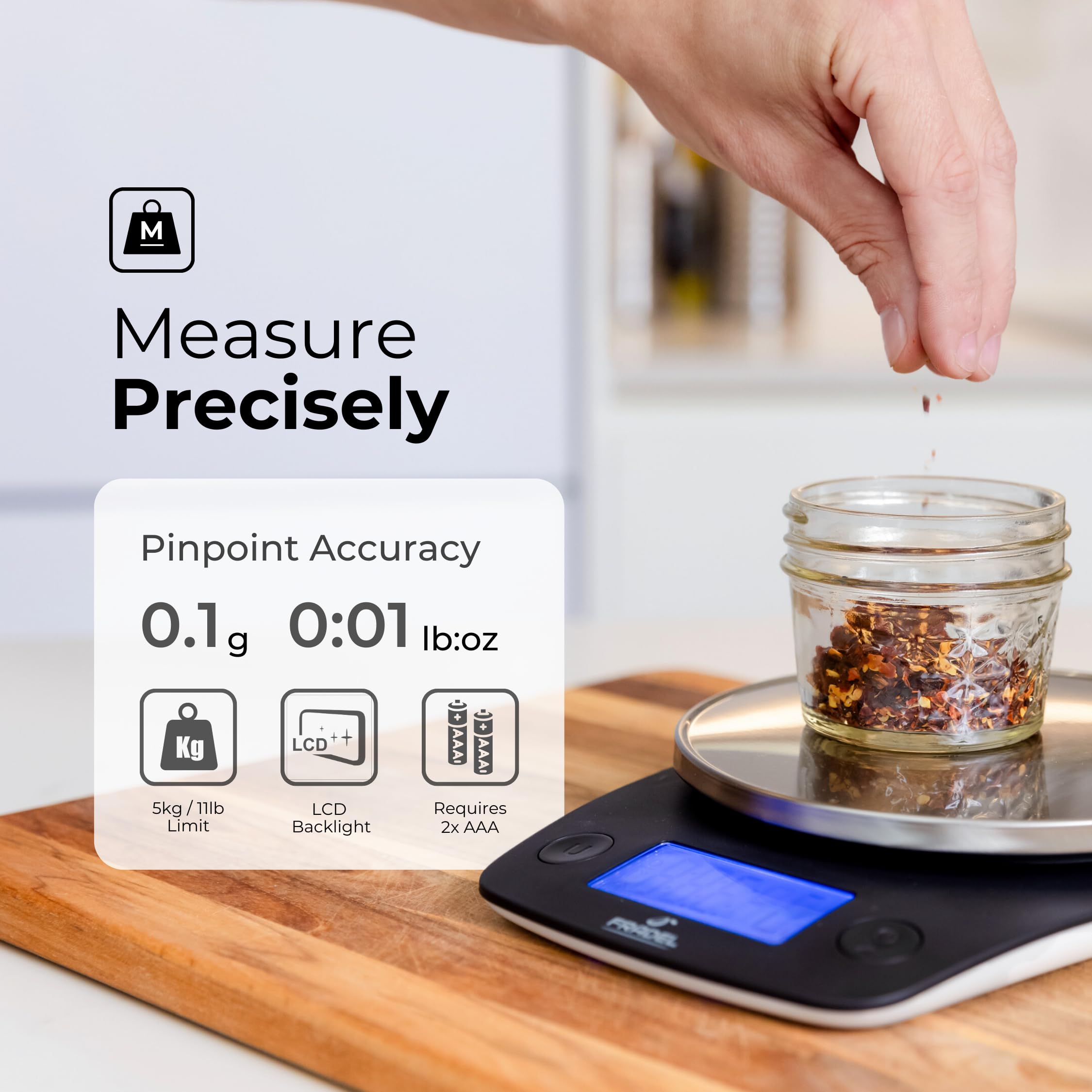 Fradel 0.1g Precision Digital Kitchen Scale - 11lb Capacity in Grams & Ounces for Cooking, Baking, Meal Prep & Weight Loss - Compact Round Design - Perfect for Home, Office & Travel Use