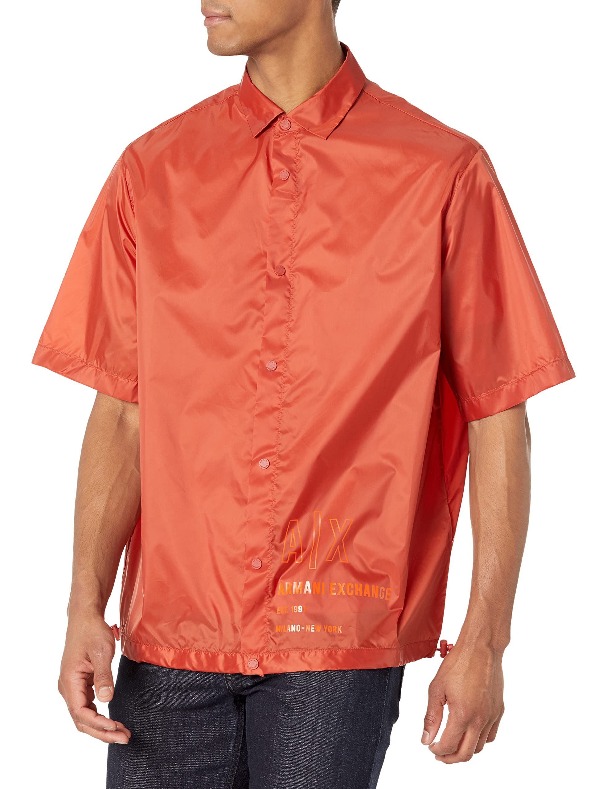 Armani Exchange Men's Contrast Logo Nylon Shirt Jacket | Lightweight Water-Resistant Windbreaker | Perfect for Casual Outings, Travel & Spring Layering