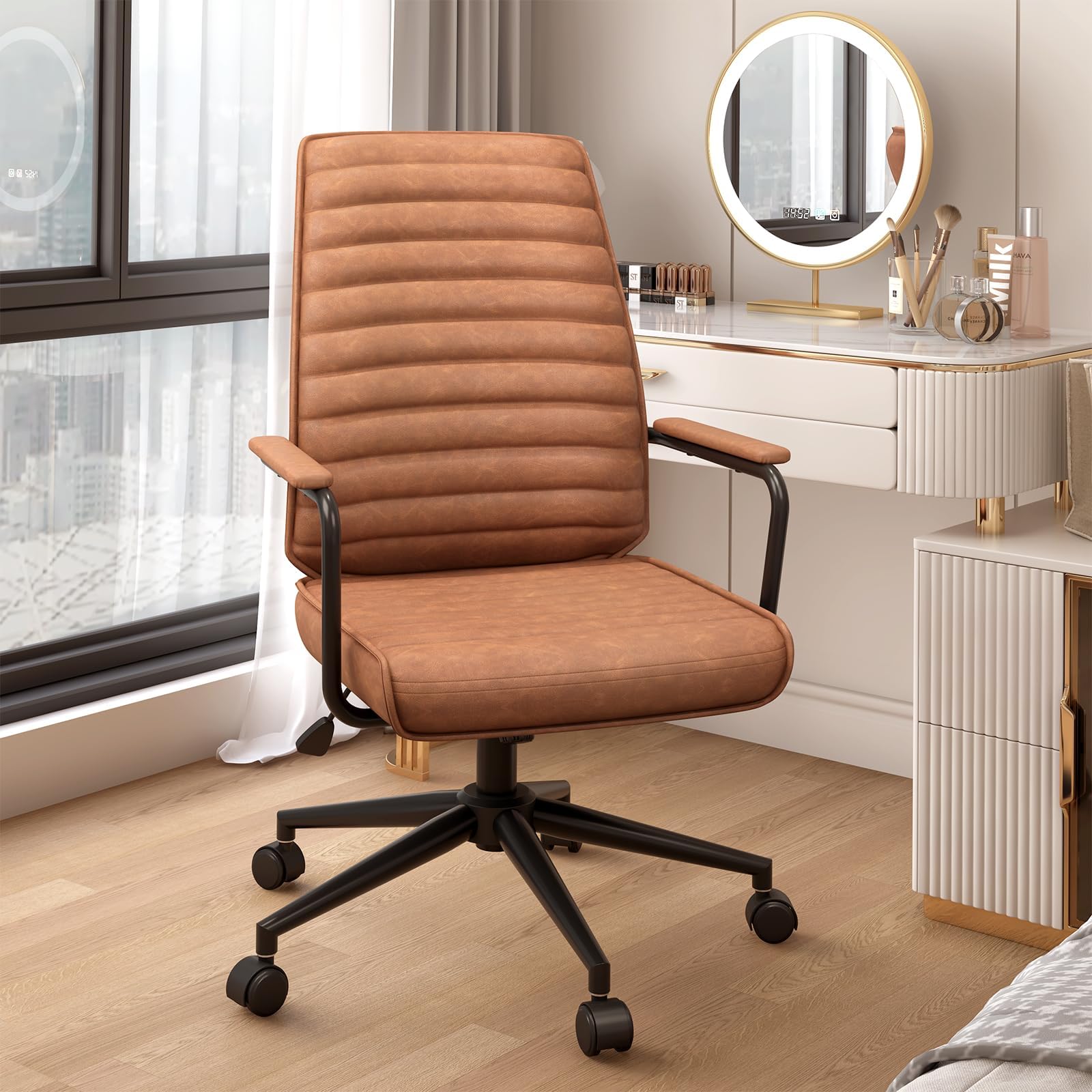 Premium Brown Executive Office Chair - Adjustable Leather Mid Back Swivel Desk Chair with Padded Armrests - 400lbs Weight Capacity - Ergonomic Computer Chair for Home Office, Conference Room & Workspace - Ideal for Professionals & Long Work Sessions