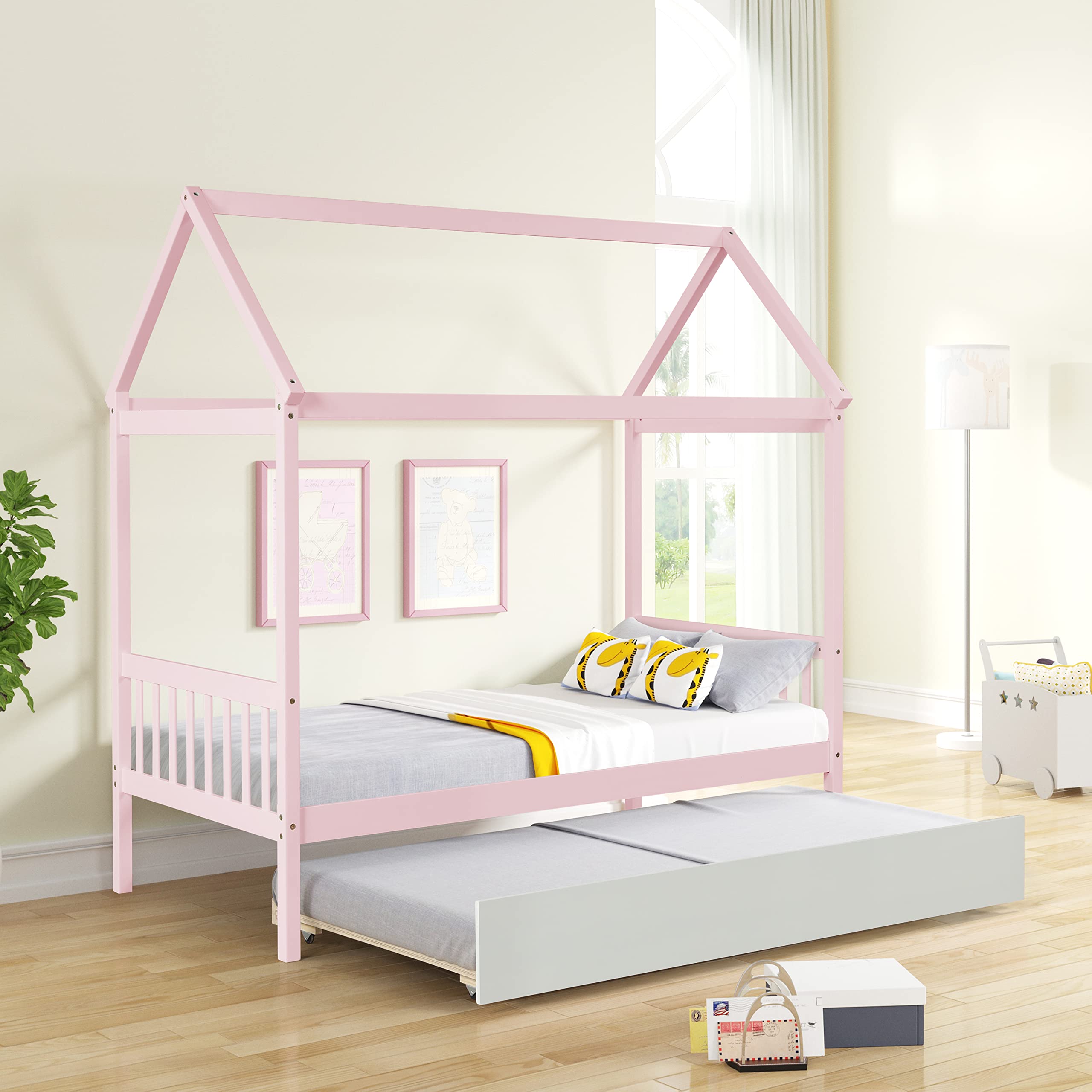 Merax Twin Size Wooden House Bed with Trundle - Pink Kids Bed Frame with Roof, Headboard & Footboard for Girls & Boys | Perfect for Bedroom Decor & Playroom Fun