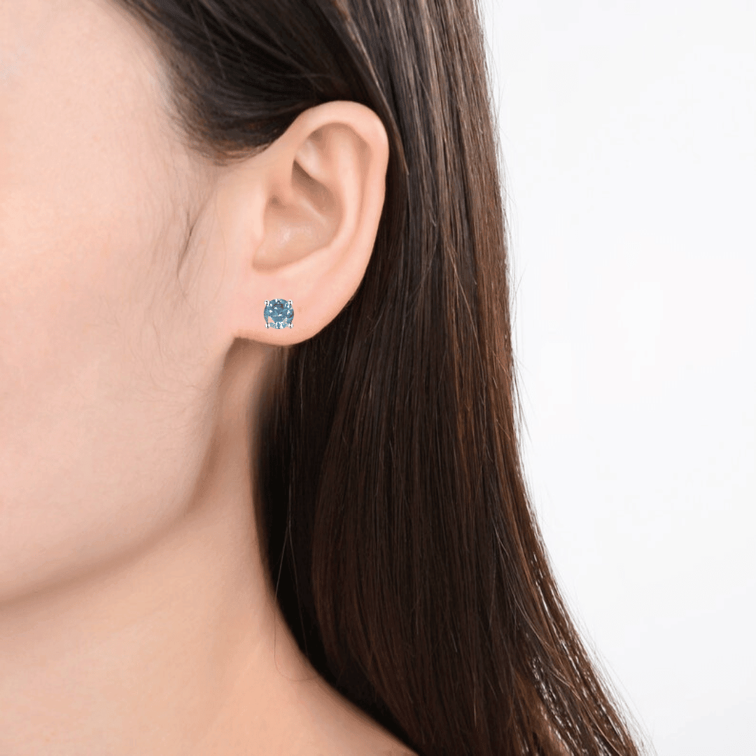 Blue Moissanite Stud Earrings for Women - 1 Carat Round Cut AAA Quality Hypoallergenic 14K Gold Earrings - Perfect for Everyday Wear, Wedding, Anniversary & Gift Giving
