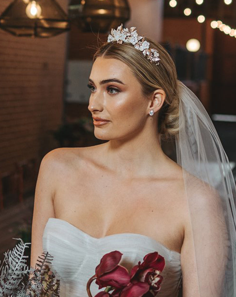 Elegant Bridal Hair Comb - Porcelain Floral & Rose Gold Leaf Design | Zaria by Johnny B Collection at Kezani | Perfect for Weddings, Prom & Special Occasions