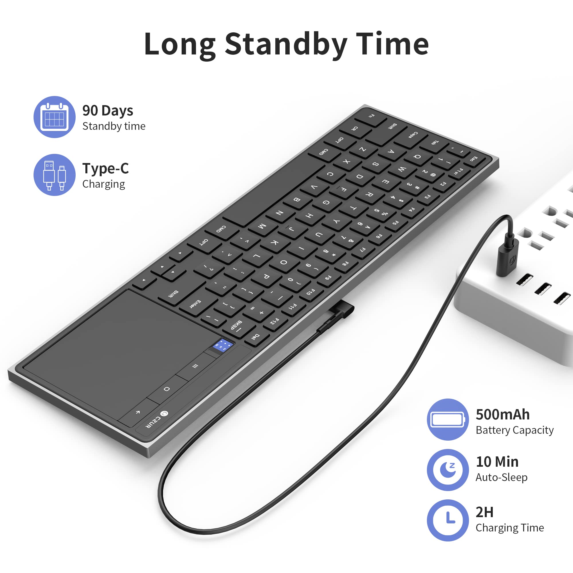 CZUR Rechargeable Bluetooth Keyboard with Touchpad, Ultra Slim Wireless Keyboard for PC, Laptop, Tablet & Phone, Perfect for Home Office, Travel & Remote Work