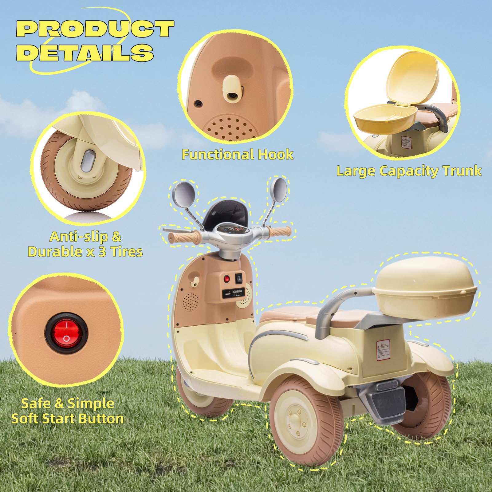 12V Kids Electric Motorcycle - 2 Seats, 3 Wheels with Bluetooth & Lights | Ride-On Toy for Ages 3+ | Outdoor Play & Gift
