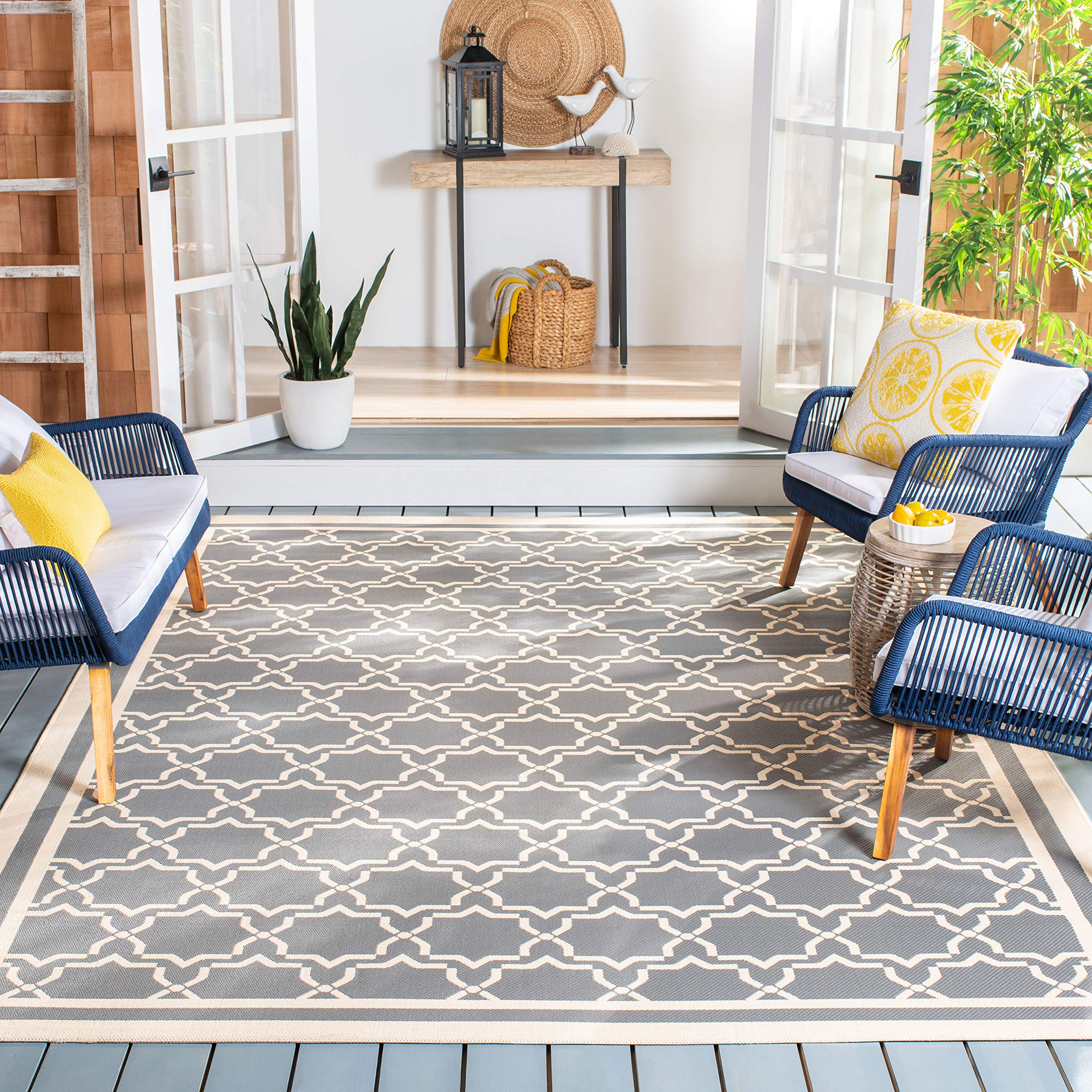 SAFAVIEH Courtyard Collection 7'1 Square Indoor/Outdoor Area Rug - Anthracite & Beige Non-Shedding Washable Rug for Patio, Backyard, Mudroom, Living Room & Bedroom (CY6916-246) - Perfect for Home Decor & High Traffic Areas