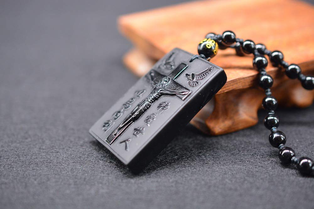 Black Obsidian Cross Jesus Necklace Pendant - Natural Jade Lucky Amulet Protection Jewelry for Men & Women - Perfect for Spiritual Healing, Meditation & Gift Giving