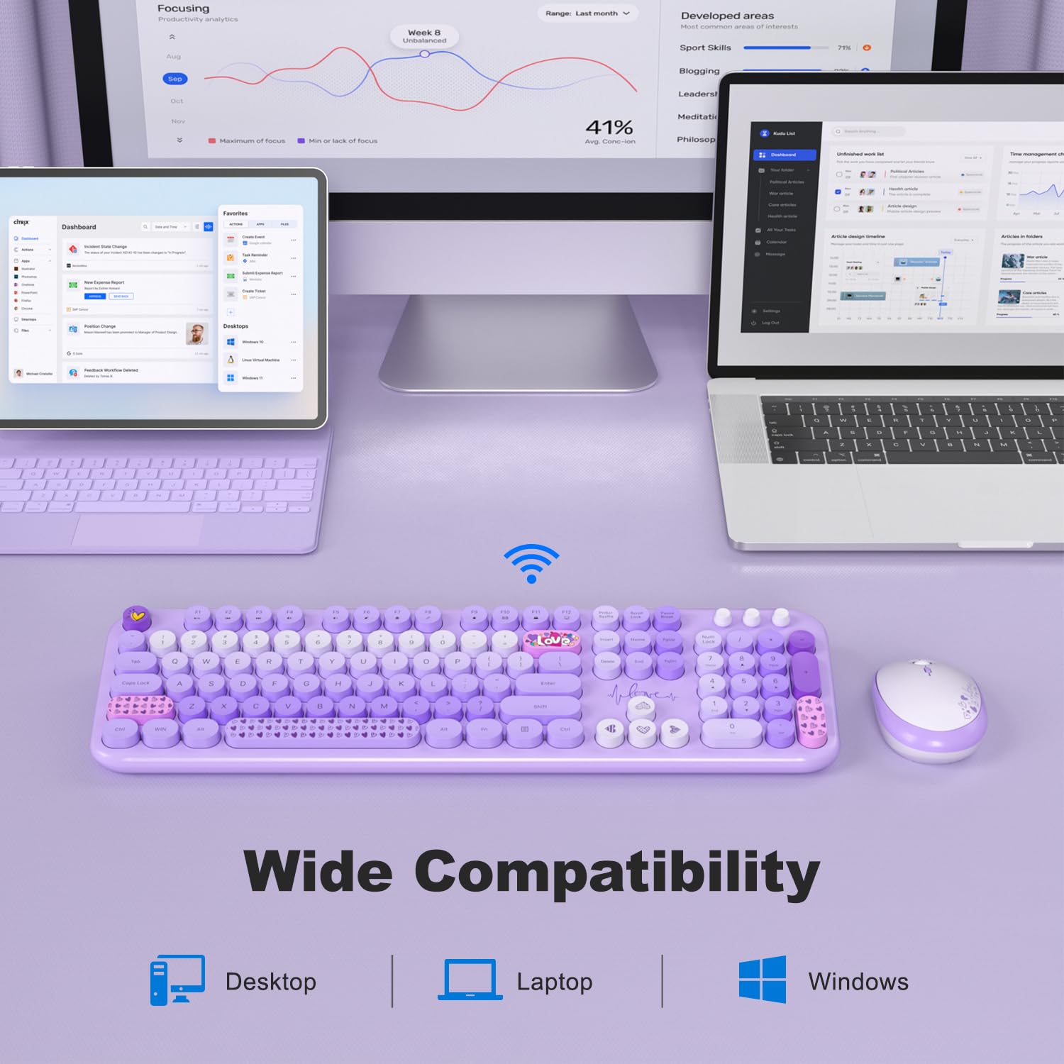 Retro Wireless Keyboard & Mouse Set for Mac/PC - Purple Typewriter Style for Home Office