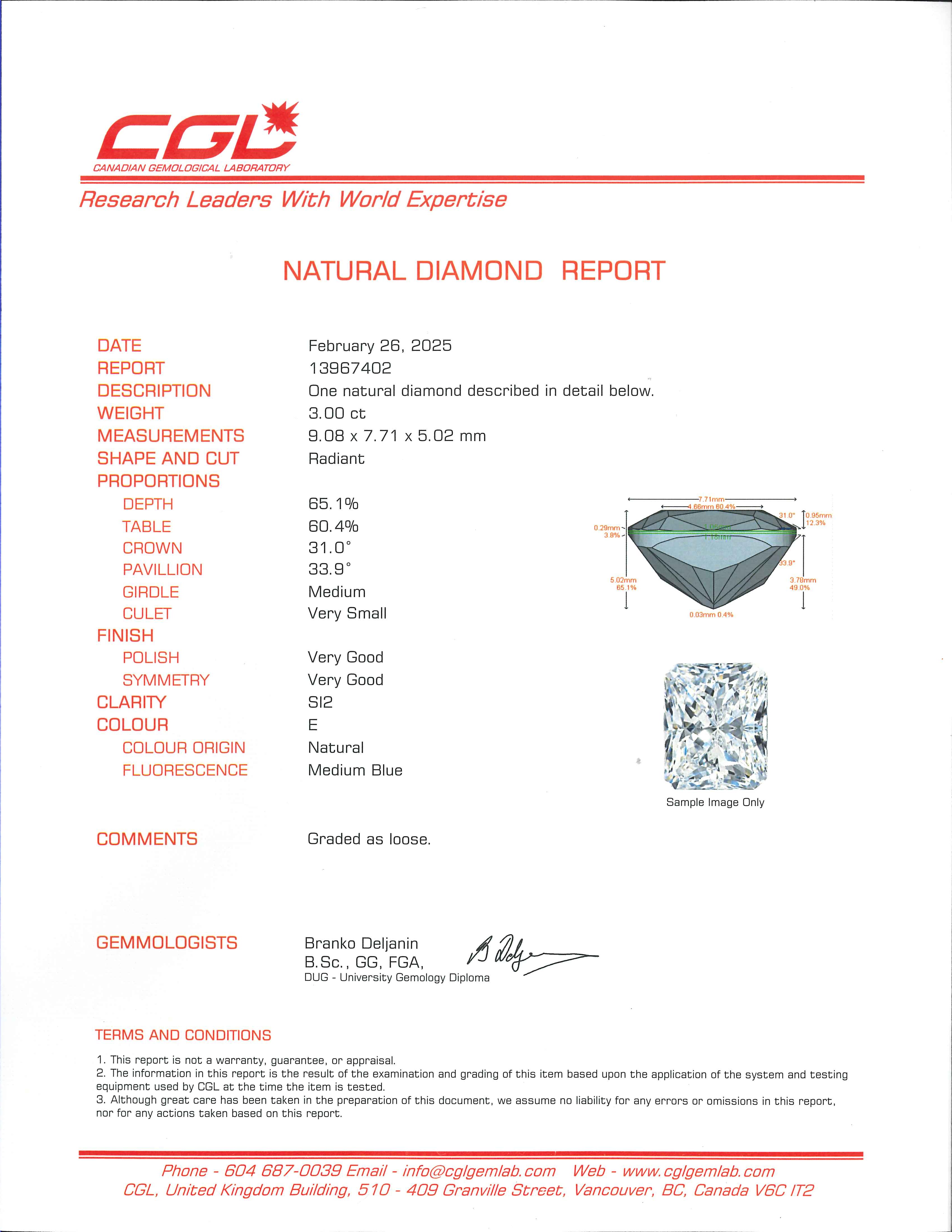 3.00ct Radiant Cut Diamond Engagement Ring - SI2 Clarity, E Color, Very Good Cut - 0.40ctw Side Stones - Size 5.75 - Perfect for Proposals, Anniversaries & Special Occasions