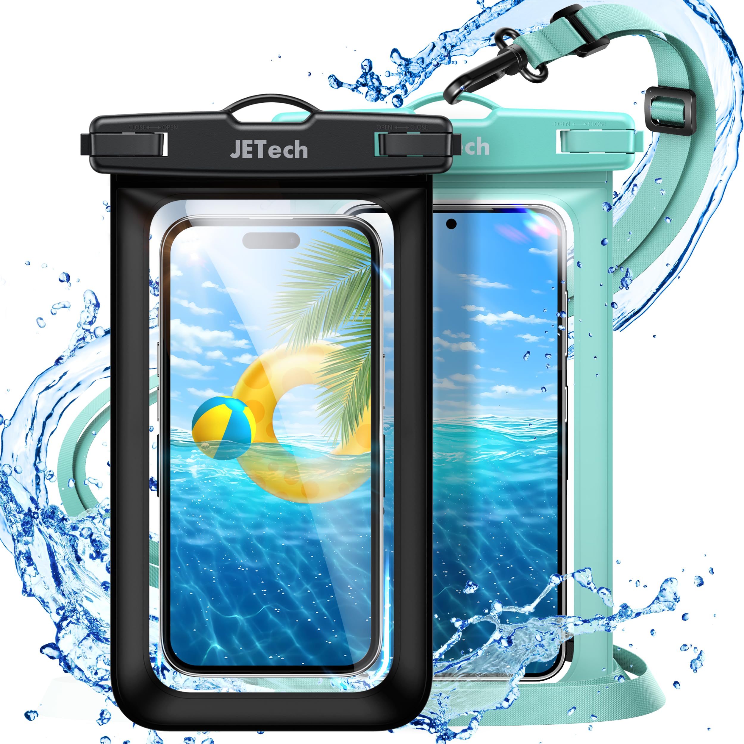 JETech Waterproof Phone Pouch Case for iPhone 16/15/14/13 Pro Max & Samsung Galaxy S24/S23 Ultra (Up to 7.2 Inch) - 2 Pack with Lanyard (Black+Green) - Perfect for Swimming, Beach, Rain & Outdoor Activities