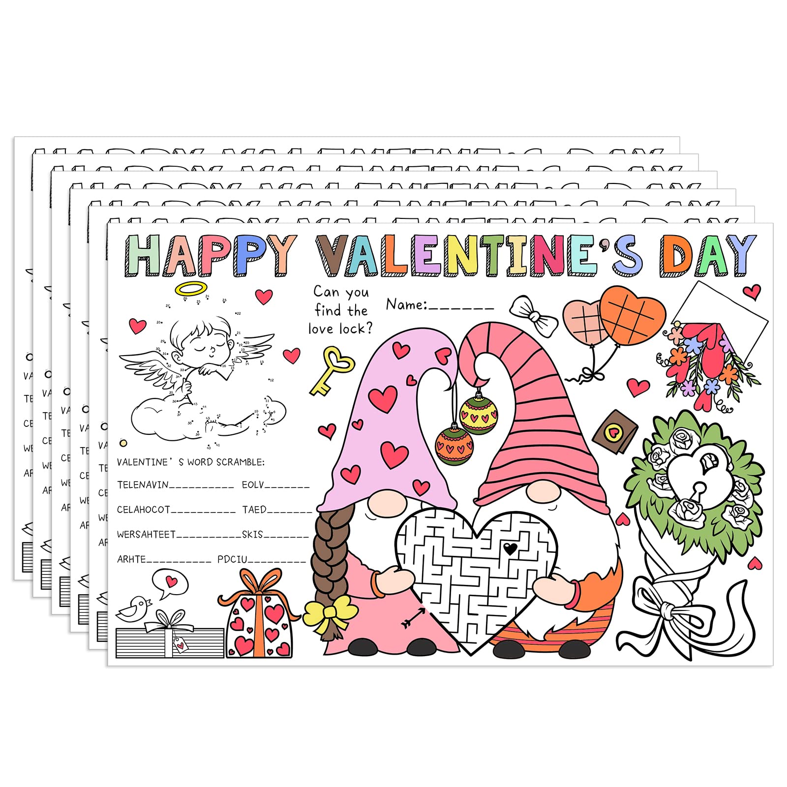 40 Pack Valentine's Day Placemats for Kids - Heart-Shaped Coloring Activity Table Mats with Gnome & Cupid Designs - Disposable Party Favors for Classroom Rewards, School Parties & Family Dinners (Rose Bouquet Theme)    **Usage Scenarios:** Perfect for Valentine's Day classroom activities, kids' party decorations, family dinners, and festive school rewards.