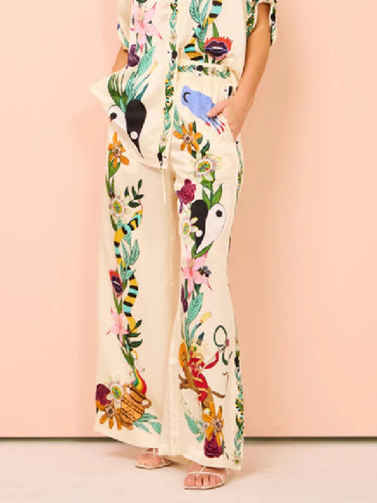 2 Piece Women's Outfit - Bohemian Print Half Sleeve Shirt & Wide Leg Pant Set | Summer Casual Loose Fit Matching Set for Beach, Vacation & Everyday Wear