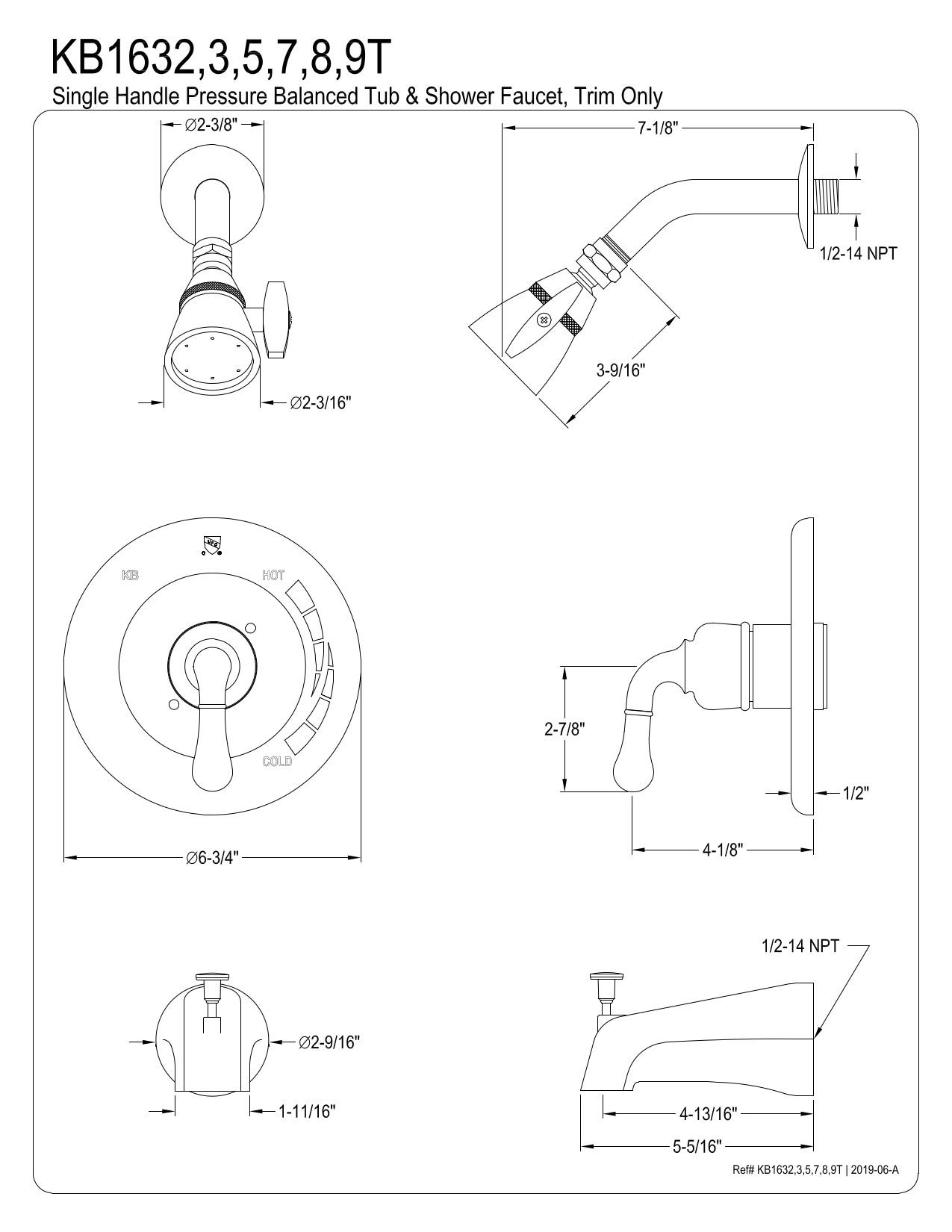 Kingston Brass KB1635T Magellan 7-Inch Oil Rubbed Bronze Tub and Shower Faucet Trim Kit with Escutcheon - Perfect for Bathroom Renovation and Modern Shower Upgrades