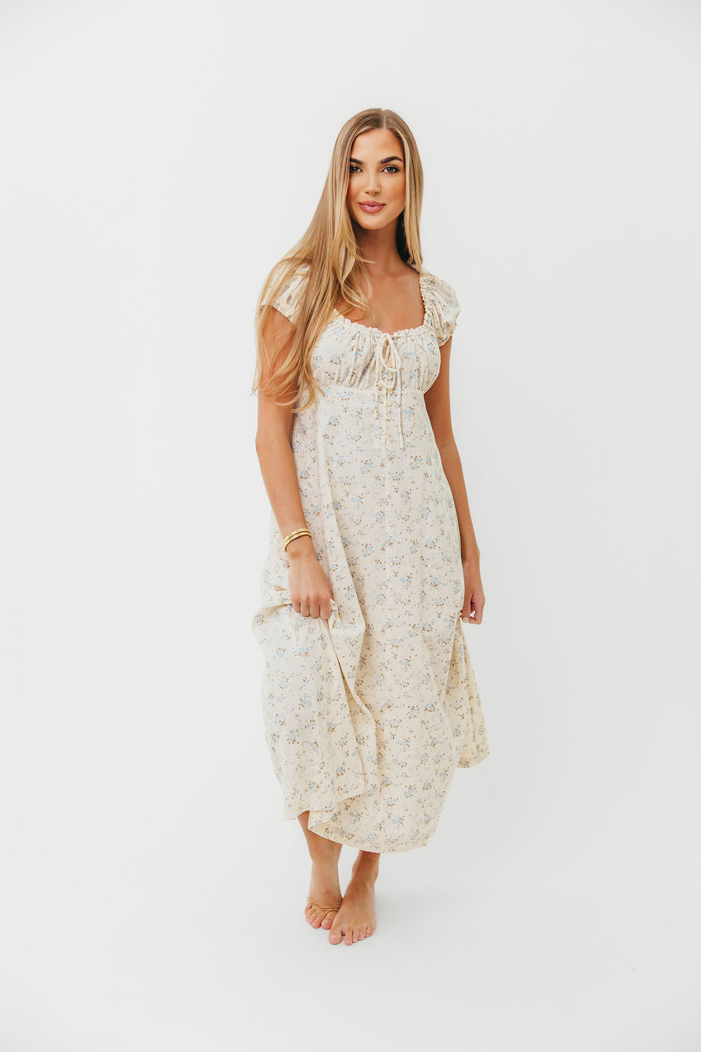 Marley 100% Cotton Midi Dress - Ivory & Blue Floral Print - Bump Friendly Maternity Dress - Perfect for Pregnancy, Baby Showers & Summer Outfits