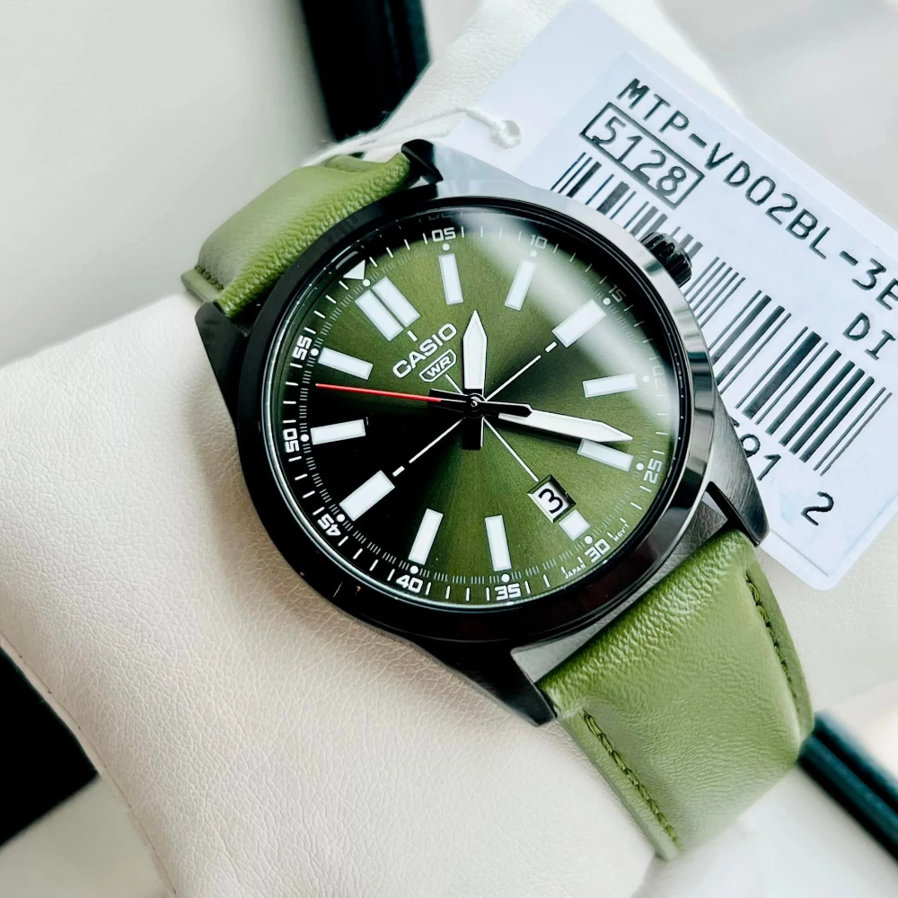 CASIO MTP-VD02BL Analog Men's Watch with Green Leather Strap - Stylish & Durable for Business, Casual & Everyday Wear