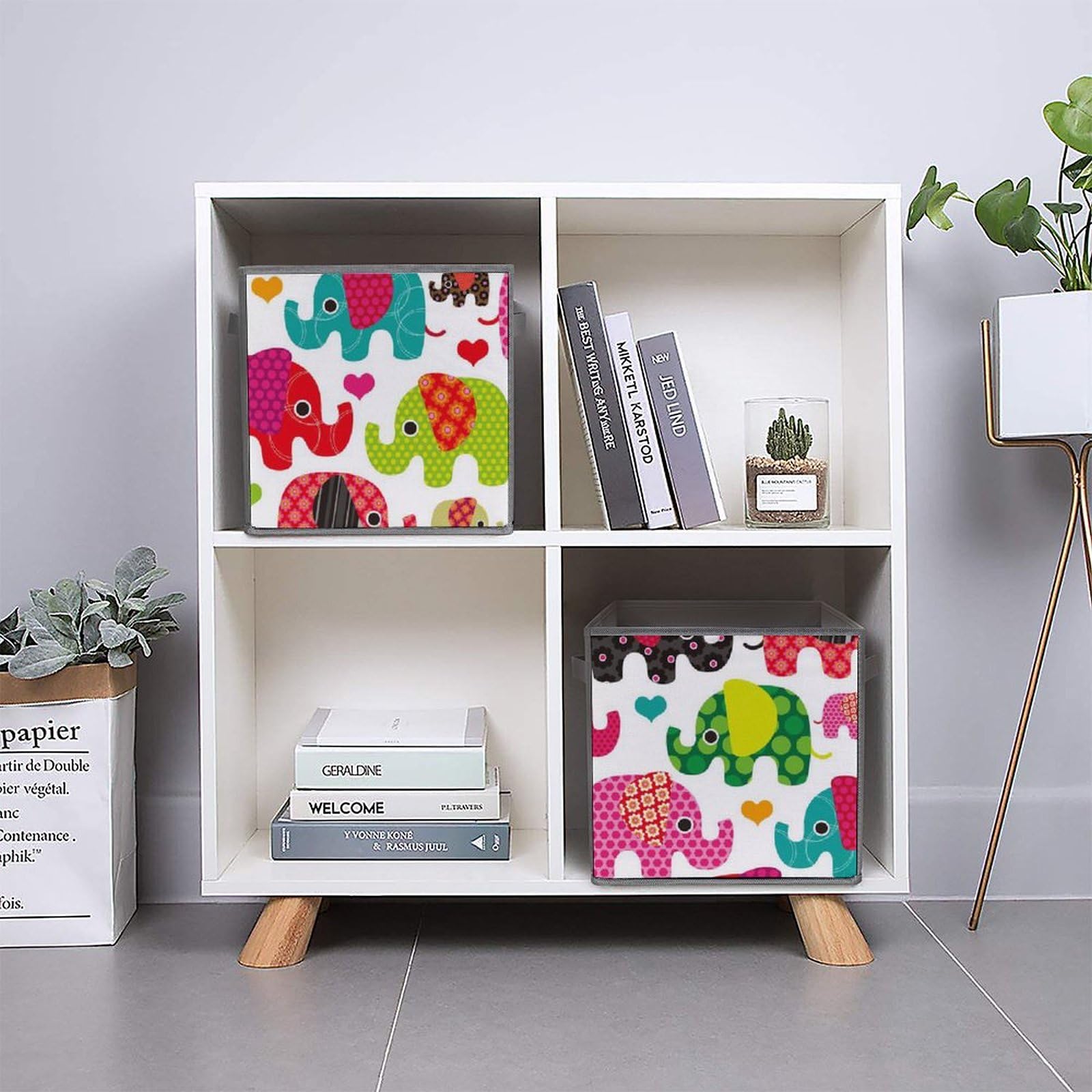 Colorful Elephant Print Foldable Storage Bins 6-Pack - 10.6x10.6x10.6 Inch Collapsible Cube Organizers with Handles for Closet, Shelves, Kids Room & Toy Storage