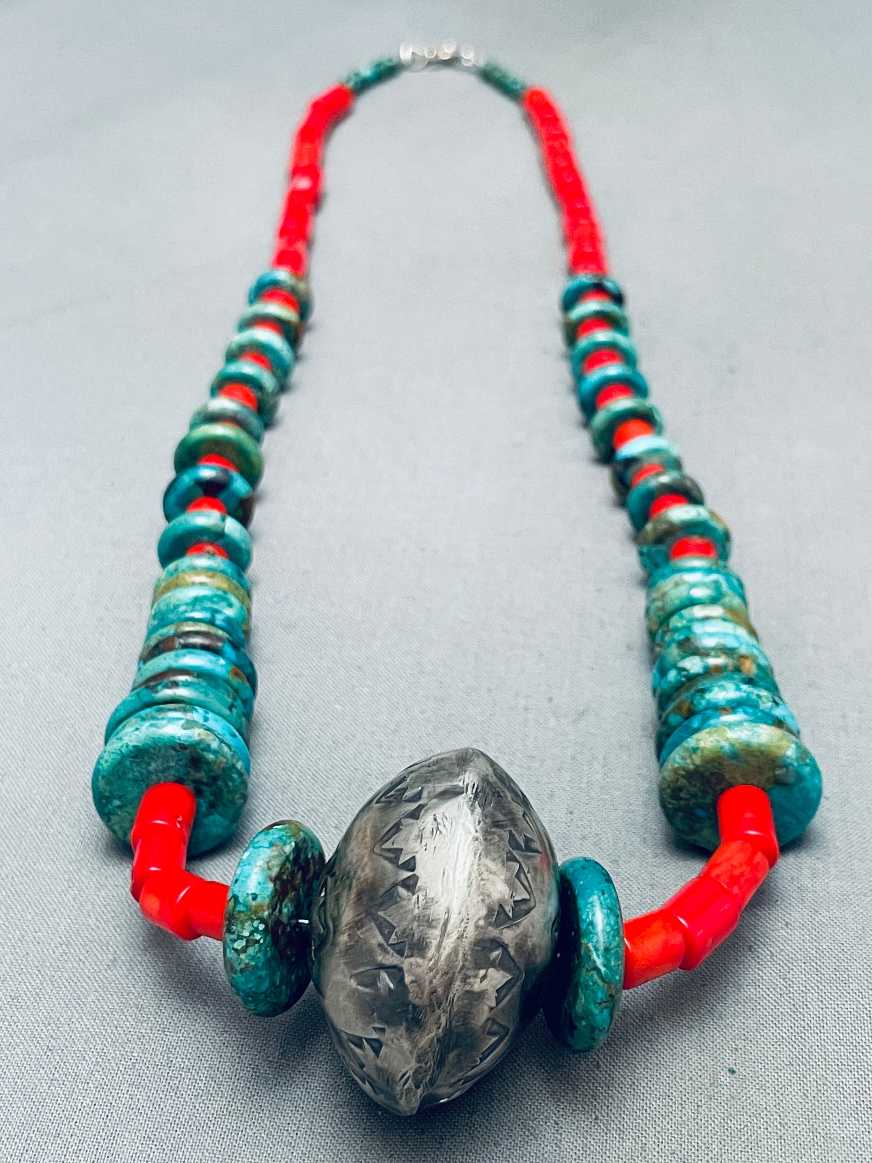 106g Sterling Silver Navajo Turquoise Coral Necklace – Handmade Native American Jewelry for Women, Boho Chic Accessory – Perfect for Festivals, Weddings & Boho Fashion