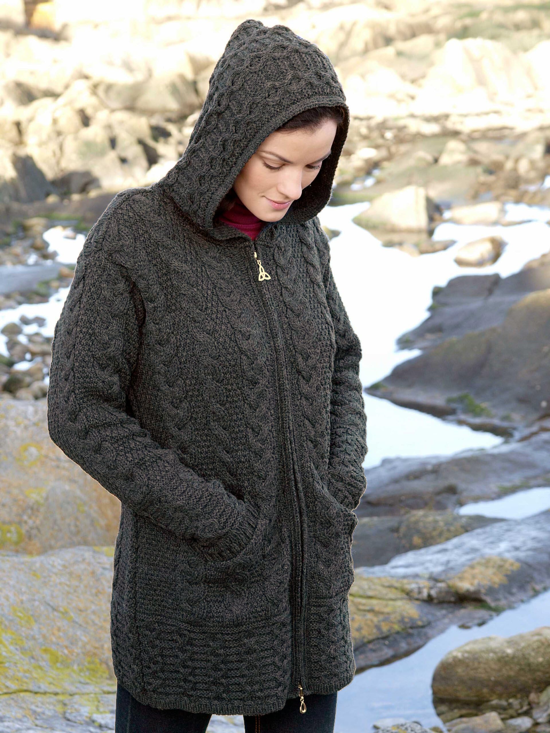Aran Crafts Women's Irish Cable Knit Wool Hooded Zip Coat - 100% Merino Wool Winter Jacket for Women - Warm & Stylish Outerwear for Cold Weather, Hiking & Outdoor Activities