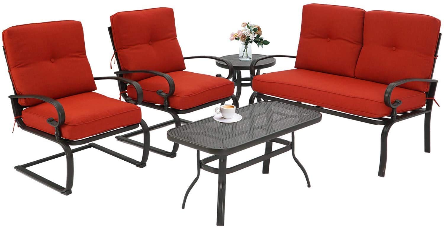 5-Piece Outdoor Patio Furniture Conversation Set - Wrought Iron Bistro Set with Loveseat, 2 Spring Chairs & 2 Tables (Red Cushion Included) - Perfect for Garden, Backyard, Deck or Poolside Relaxation