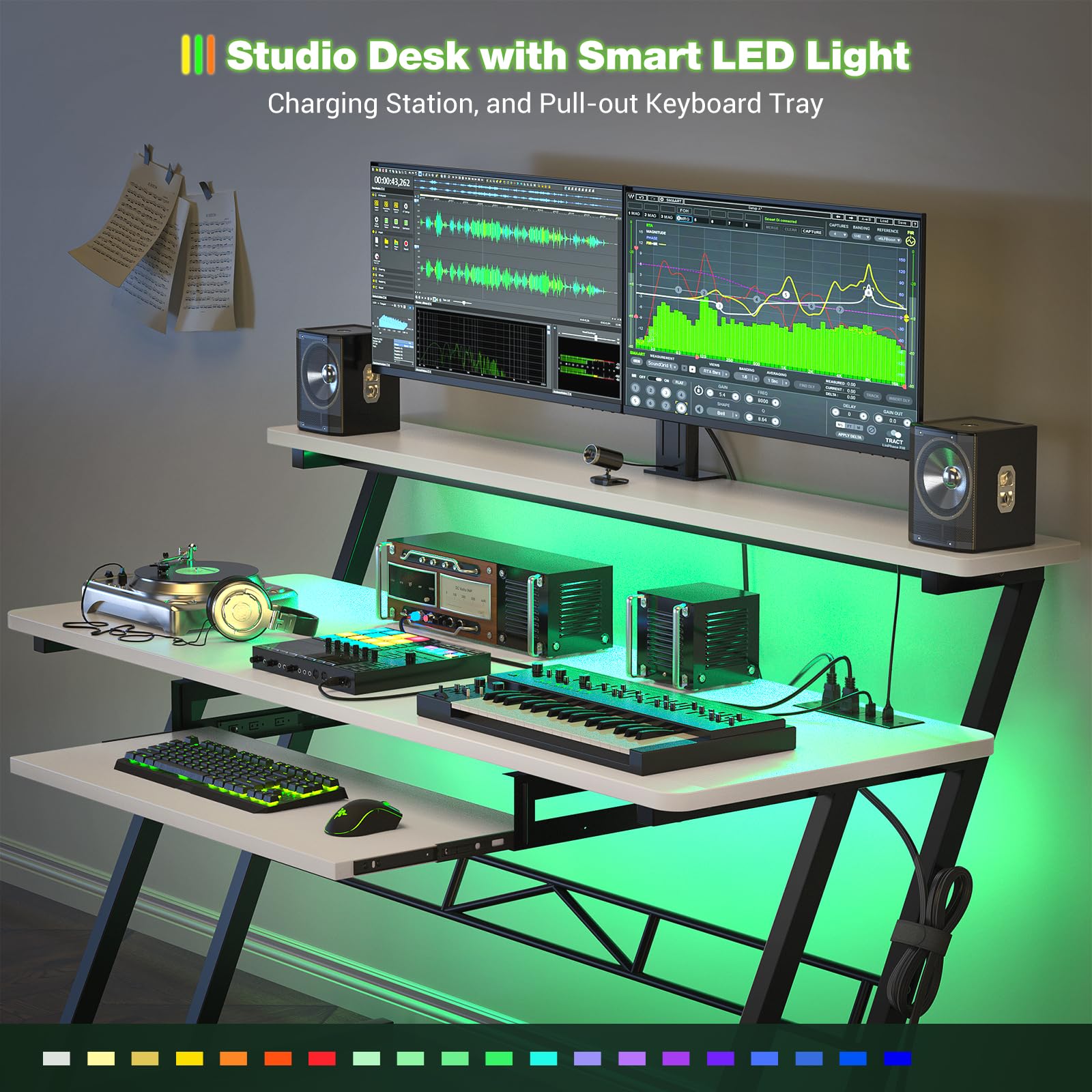 Armocity Music Studio Desk with Power Outlets & RGB LED Lights - Professional Recording Studio Workstation for Music Producers, DJs & Home Studios (Matte White) - Perfect for Home Recording, Podcasting & Music Production