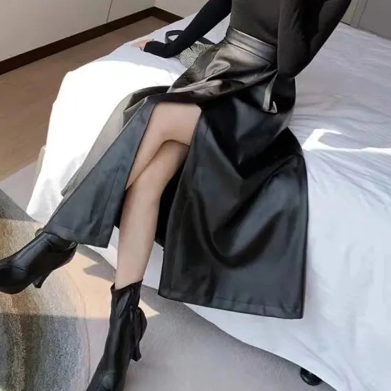 Women's High Waisted PU Leather Long Skirt - Elegant Black Midi Split Skirt for Autumn Winter Fashion | Streetwear, Office Wear & Night Out Outfits