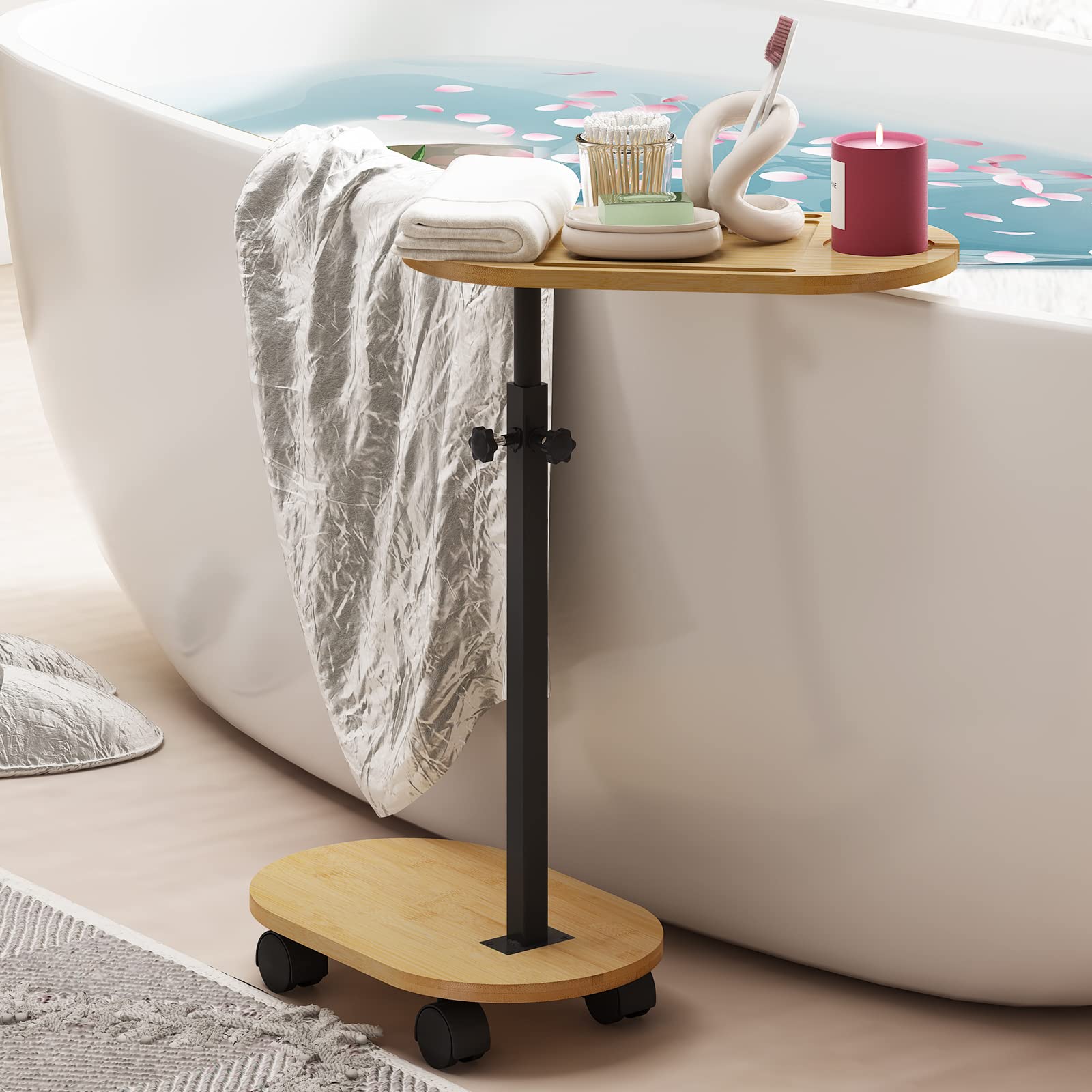 Jotboom Adjustable Height Bamboo Bathtub Tray with Wheels - Freestanding Bathtub Side Table & Spa Caddy for Relaxing Baths, Reading & Wine - Perfect Home Bath Accessories for Luxury Spa Experience